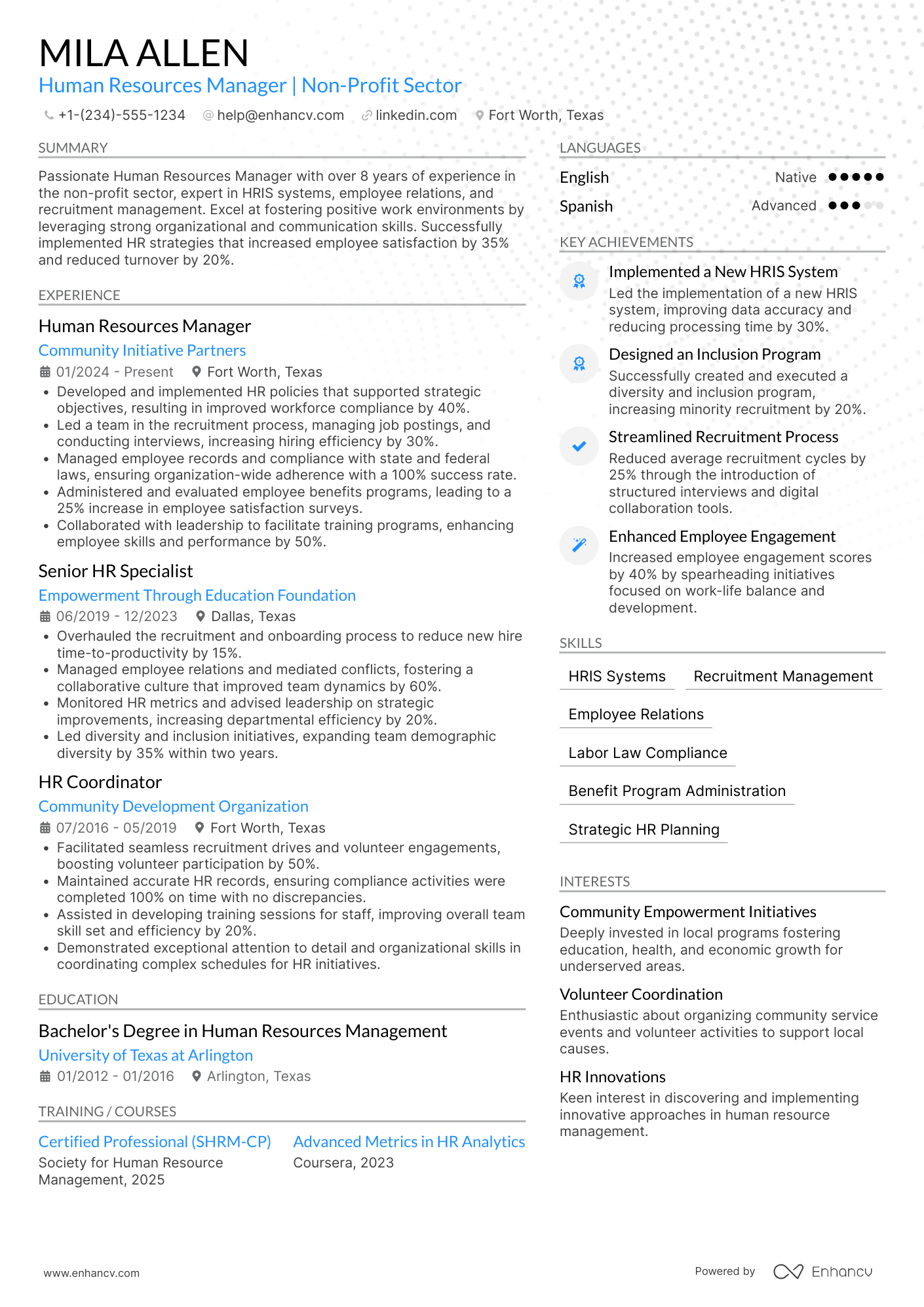 Non Profit Human Resources Manager Resume Example