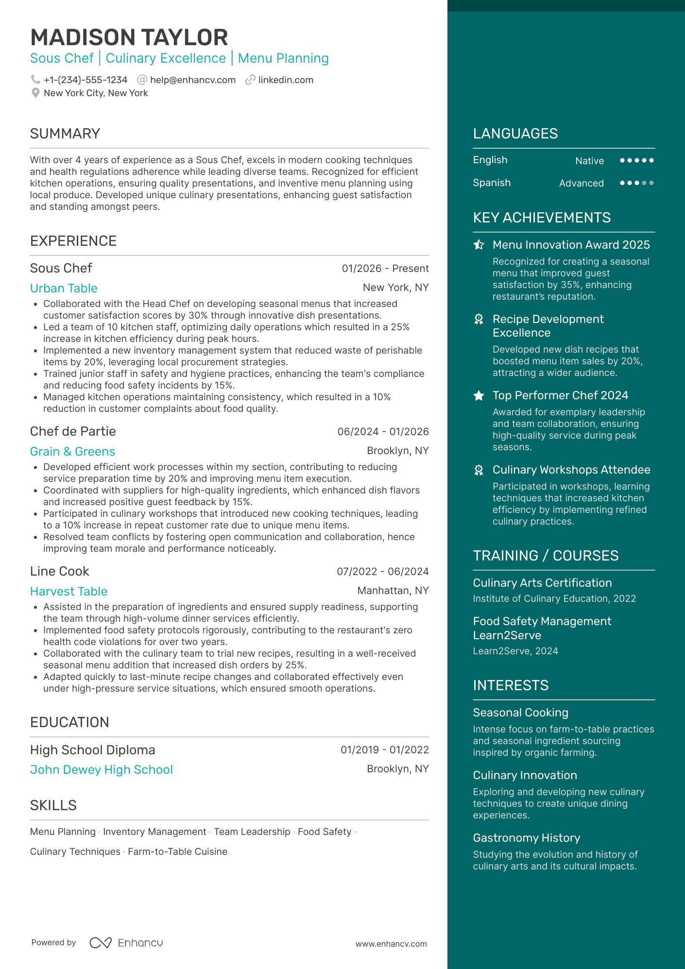 Seasonal Sous Chef Resume Example