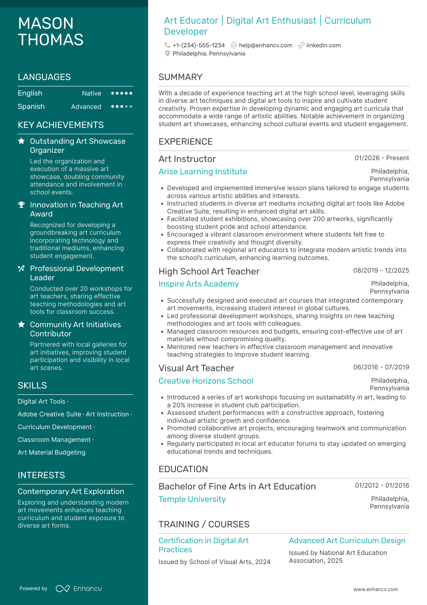 High School Art Teacher Resume Example