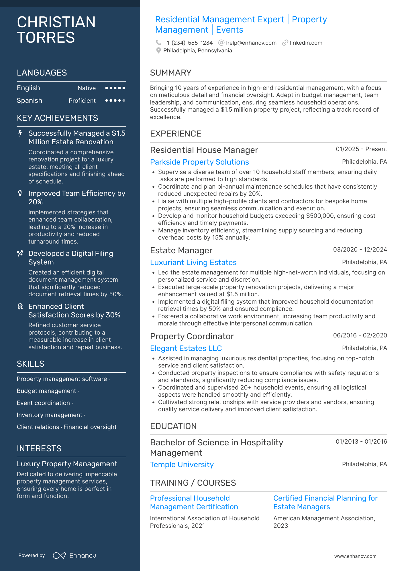 Residential House Manager Resume Example
