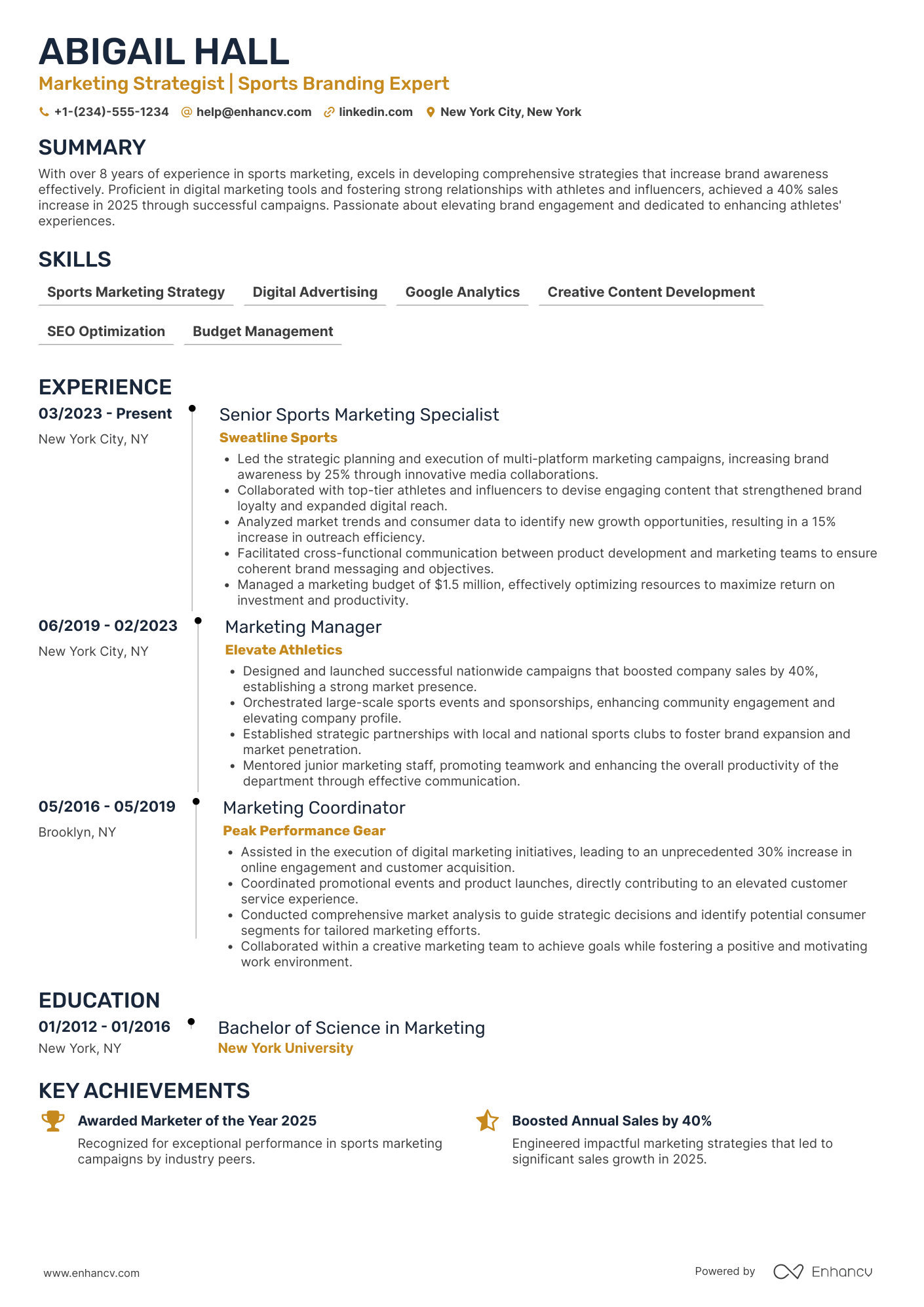Sports Marketing Manager Resume Example