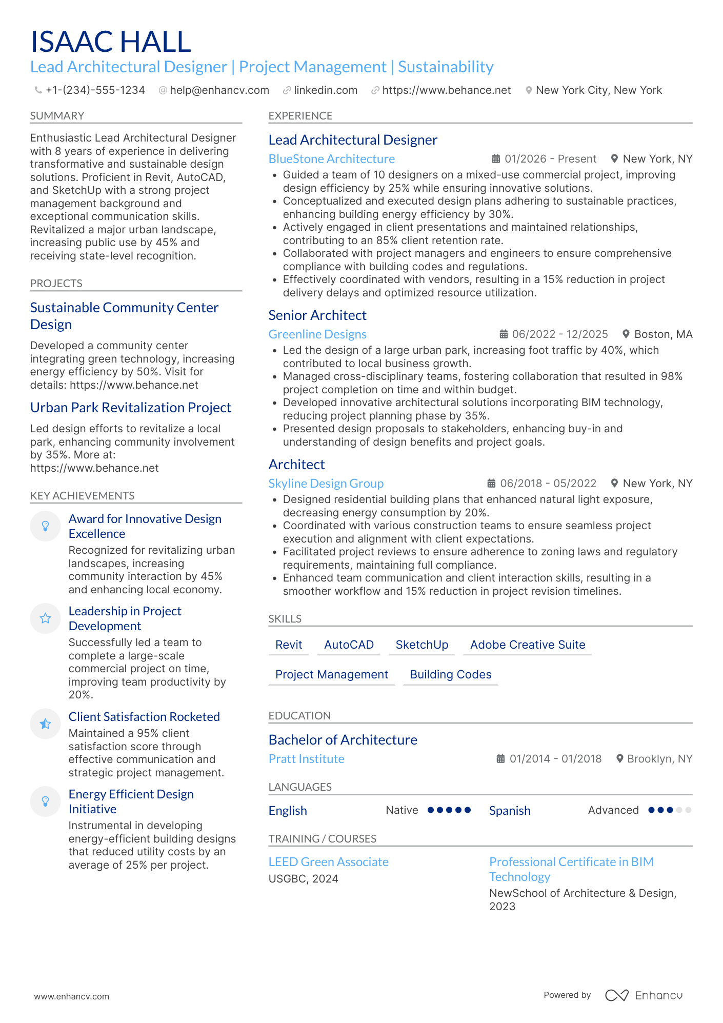 Lead Architectural Designer Resume Example