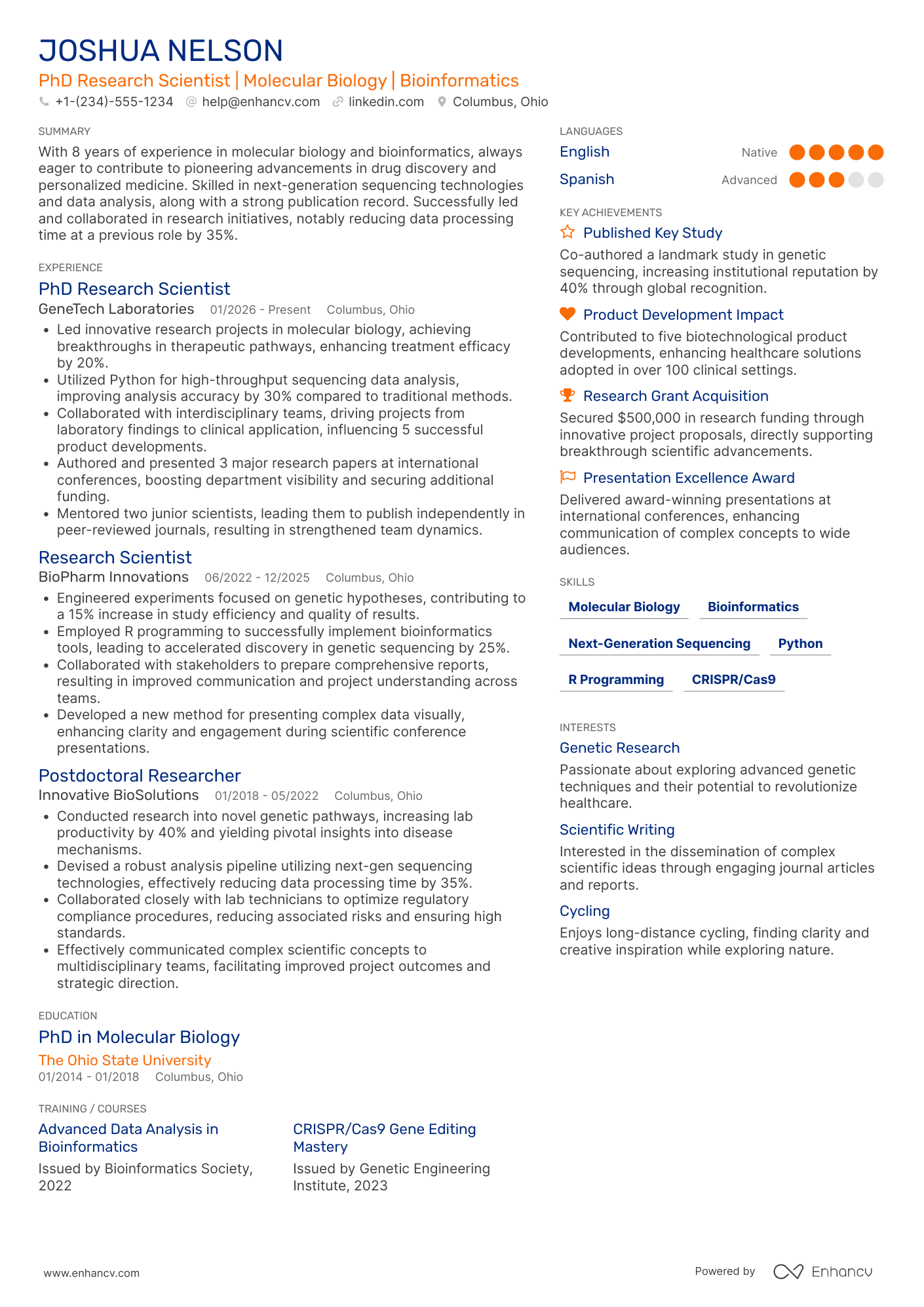 PhD Research Scientist Resume Example