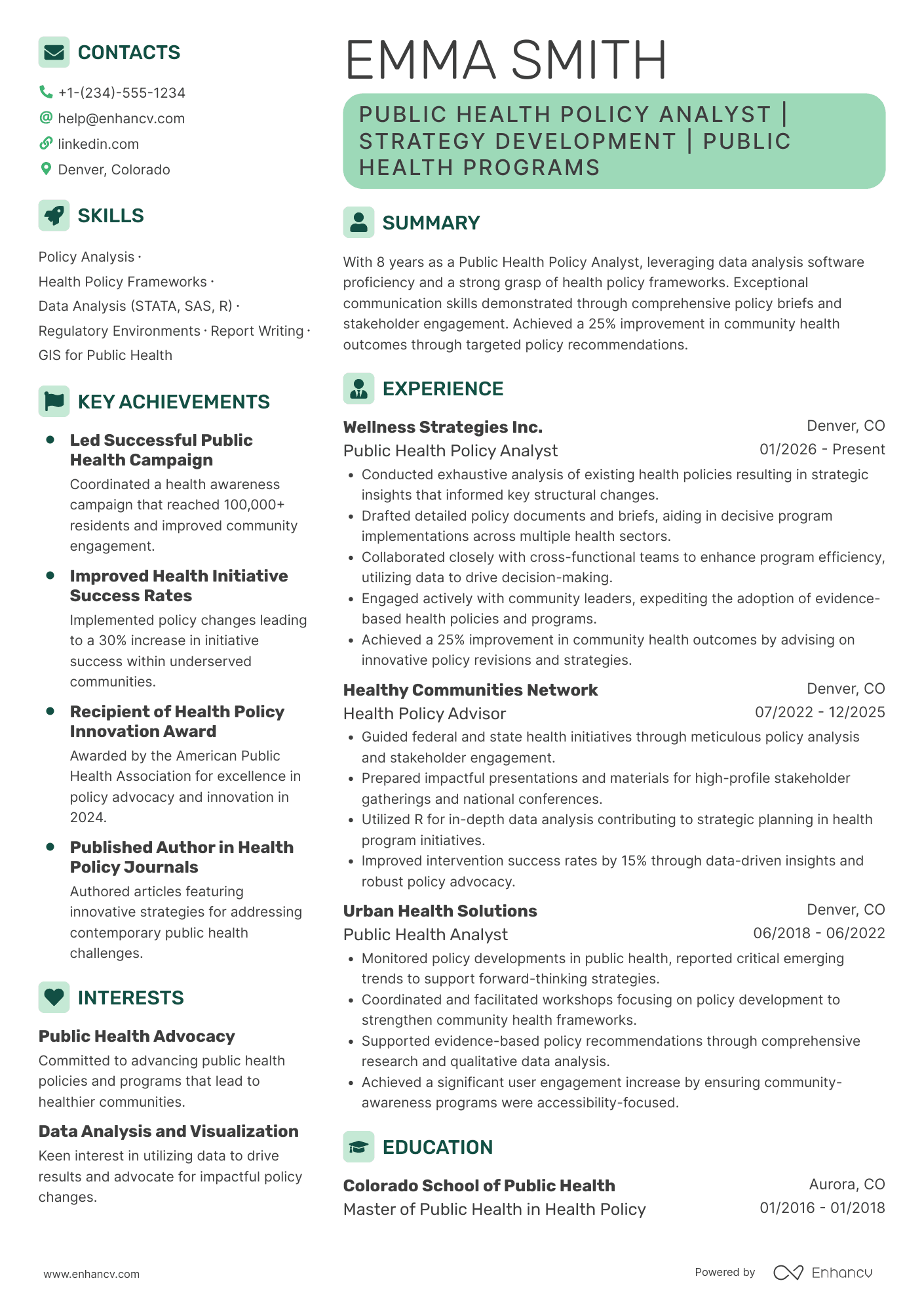Public Health Policy Analyst Resume Example