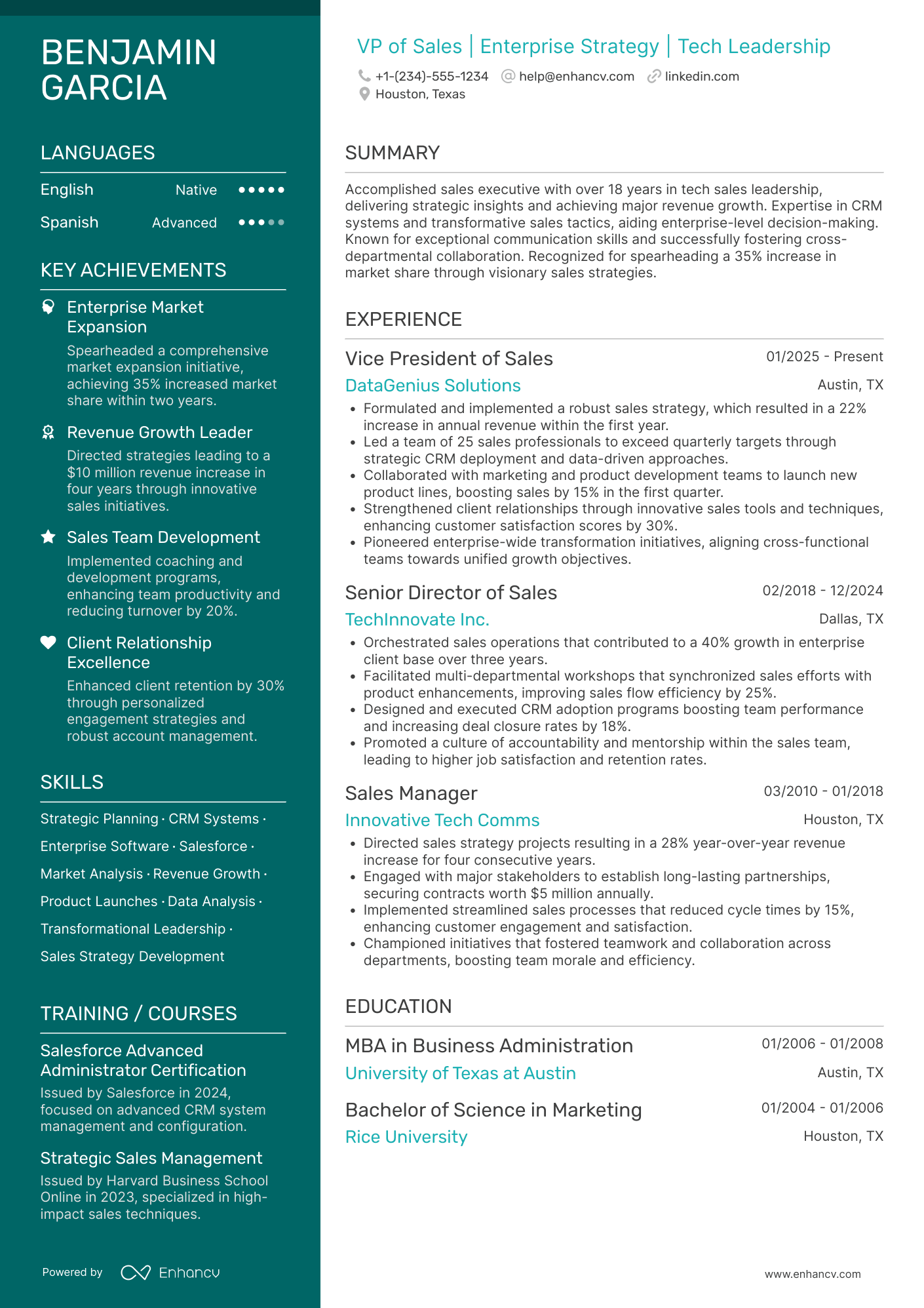 VP of Sales with 5+ years experience Resume Example