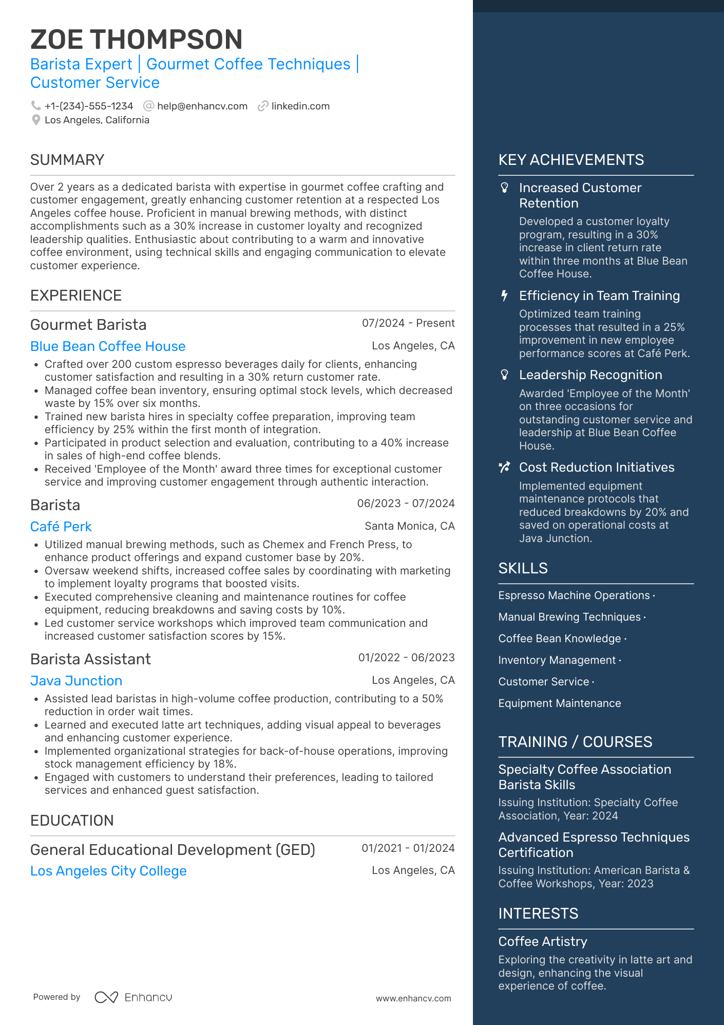 Gourmet Barista Resume Example