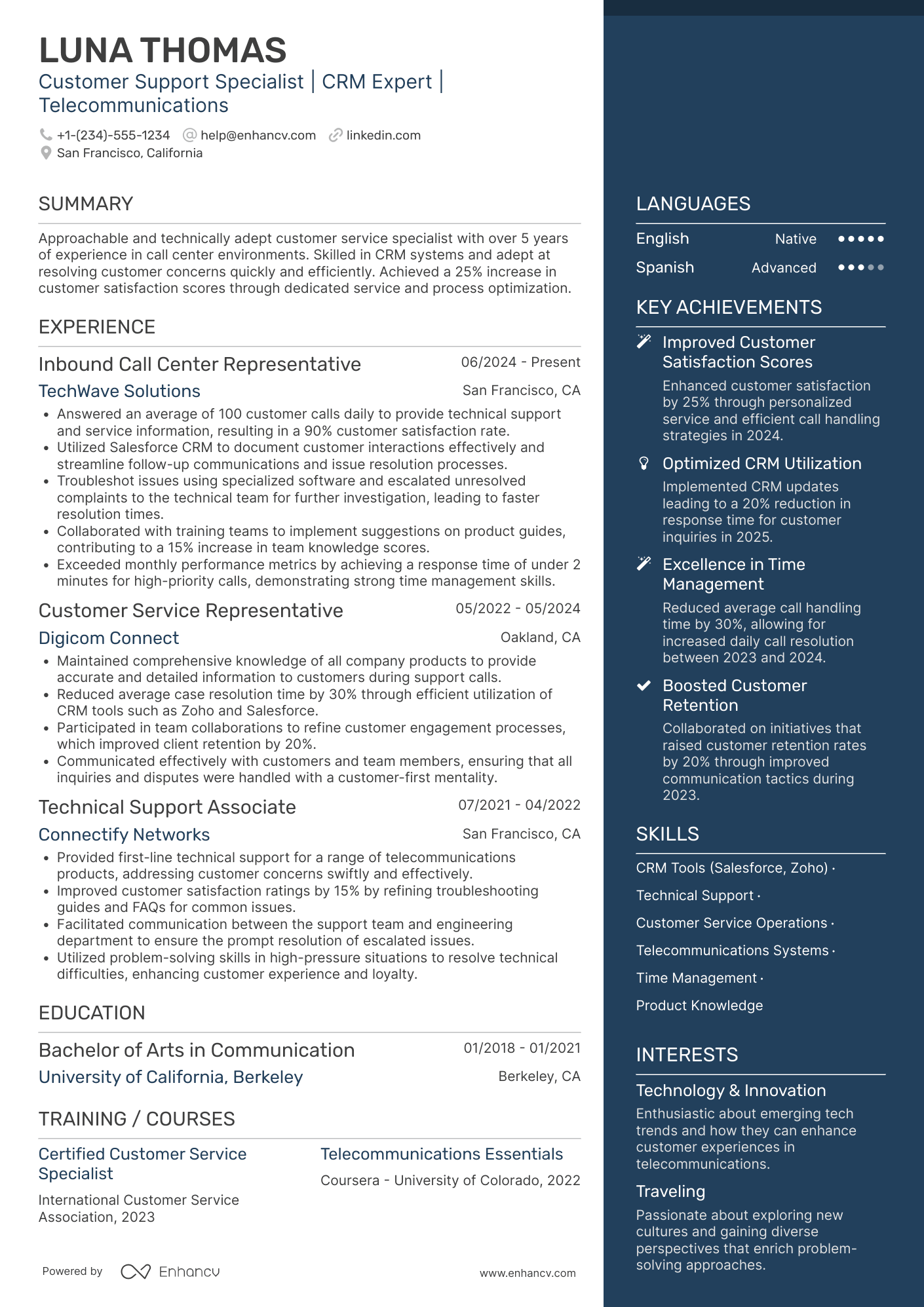 Inbound Call Center Representative Resume Example