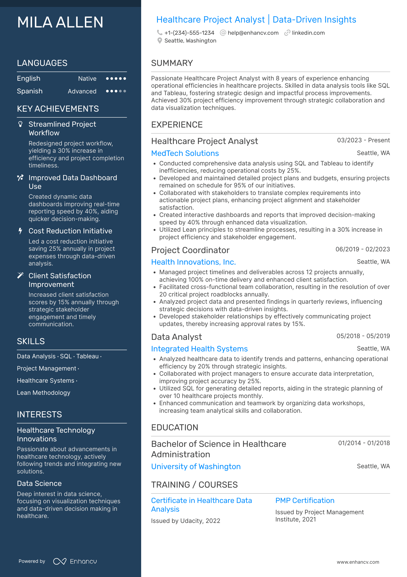 Healthcare Project Analyst Resume Example