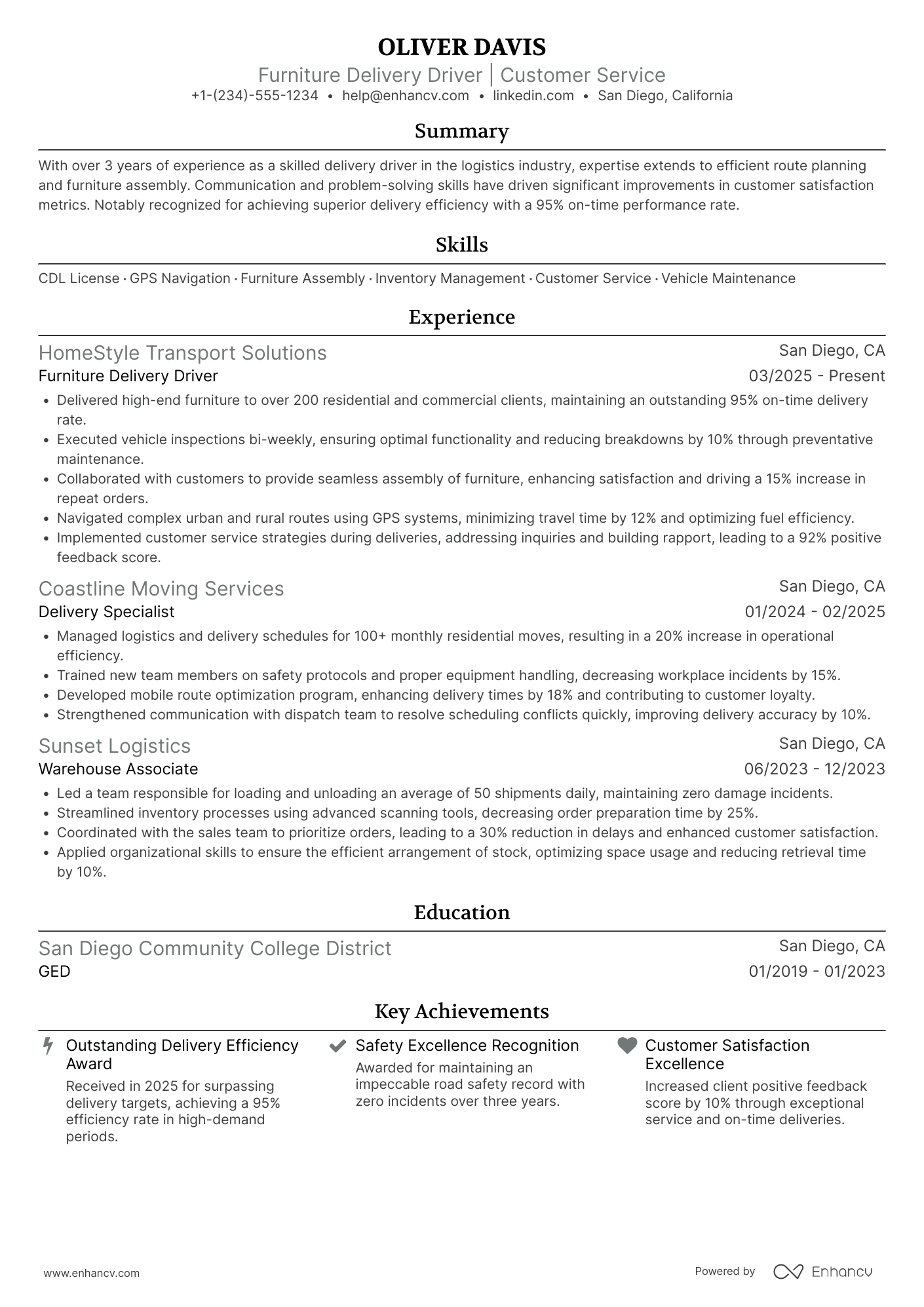 Furniture Delivery Driver Resume Example