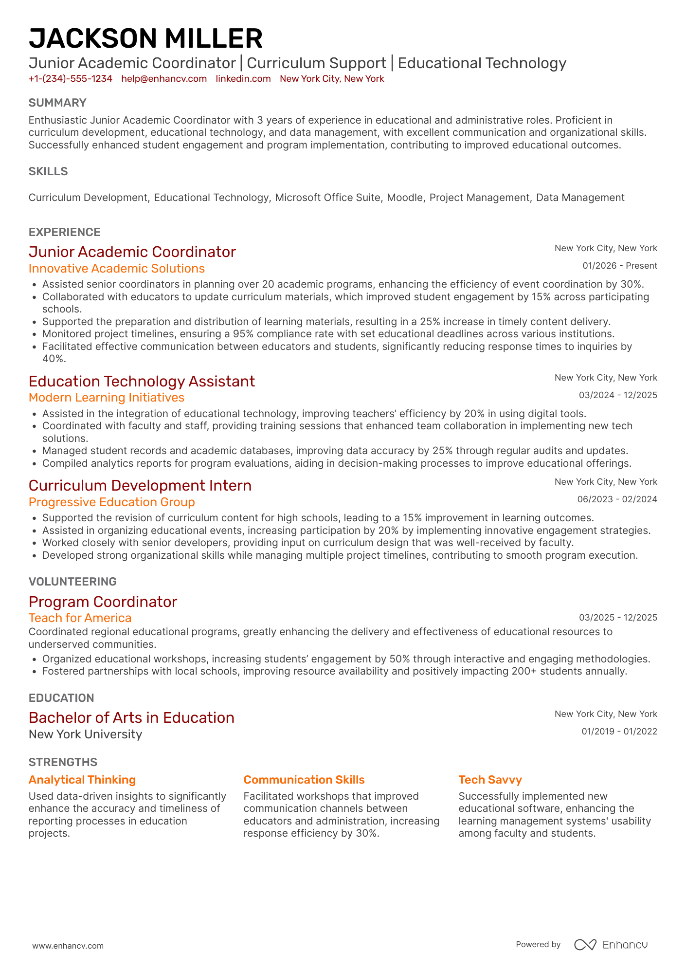 Junior Academic Coordinator Resume Example