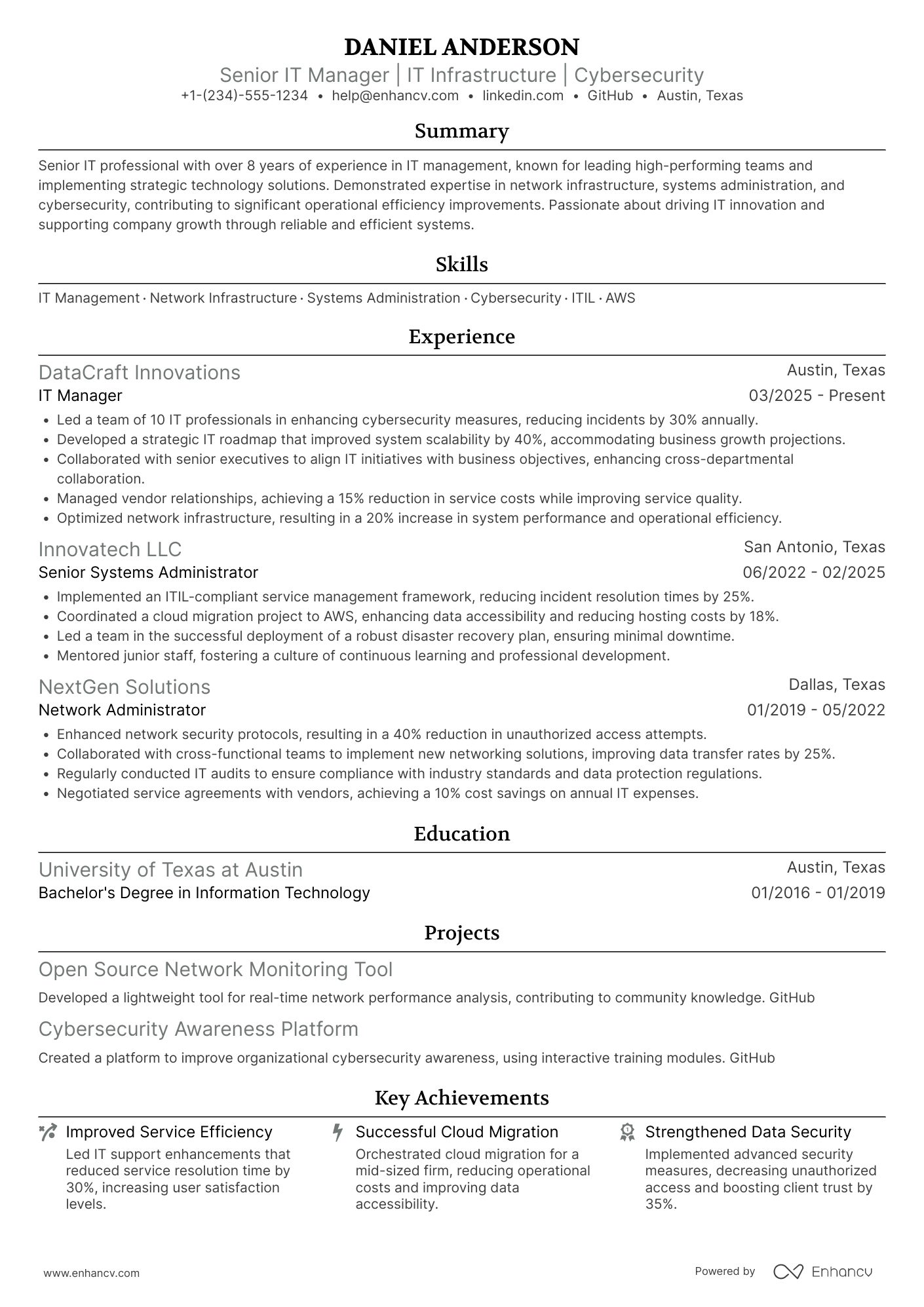 Senior IT Manager Resume Example