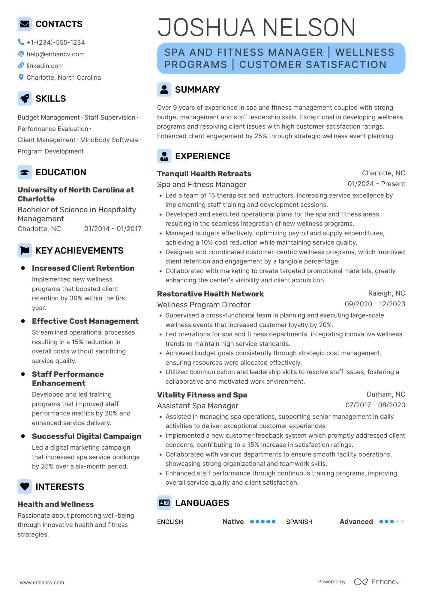 Spa and Fitness Manager Resume Example