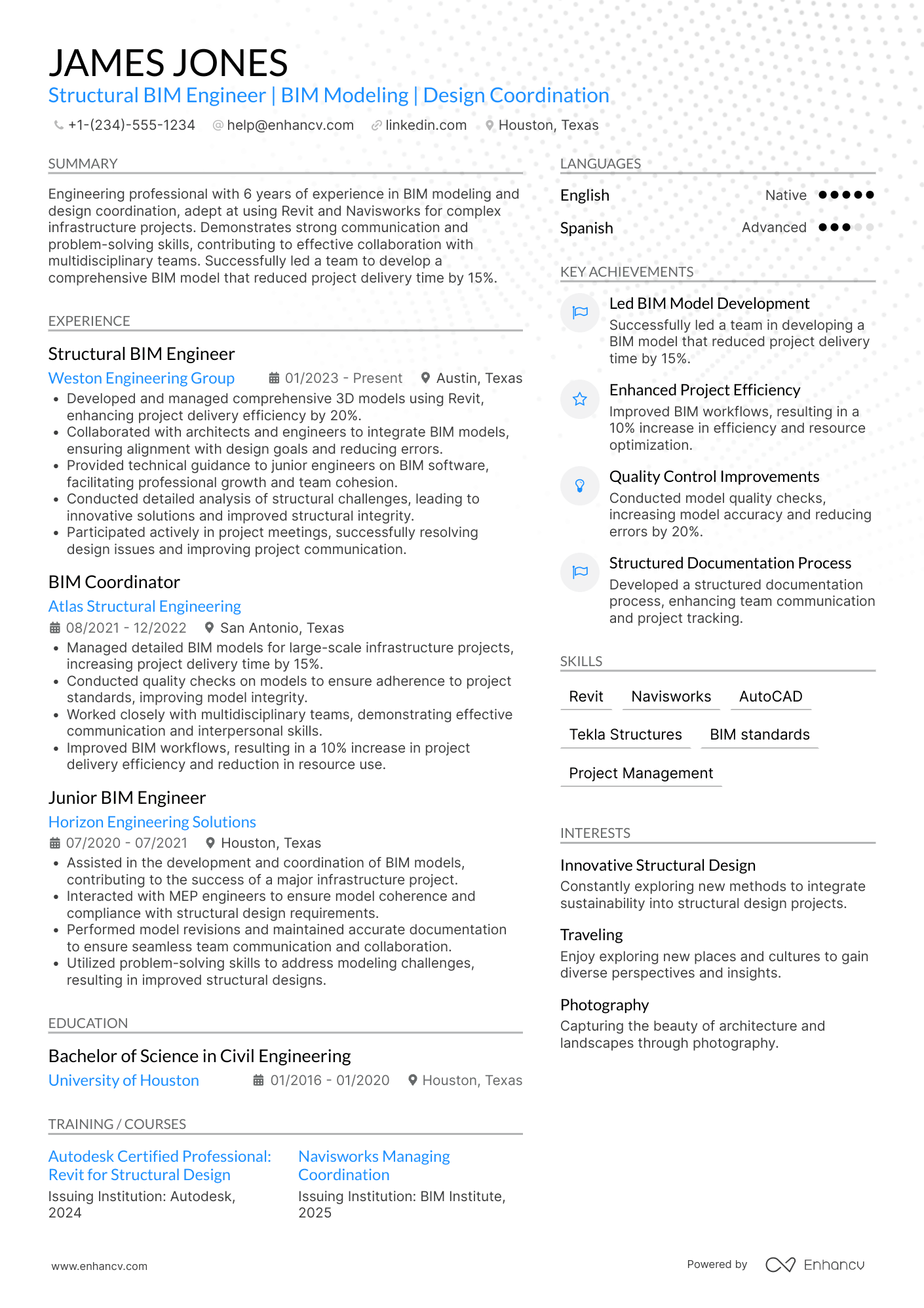 Structural BIM Engineer Resume Example