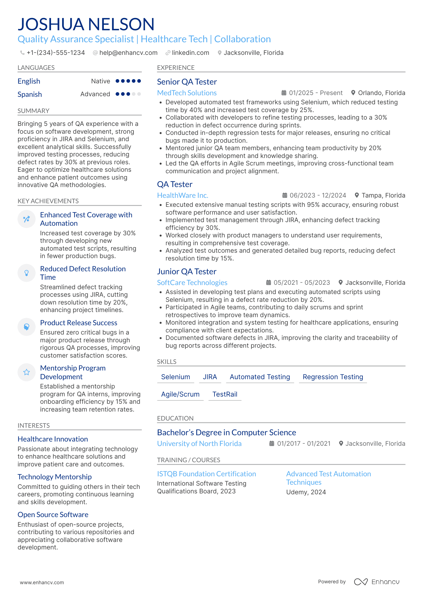 Mid Level QA Tester Resume Example