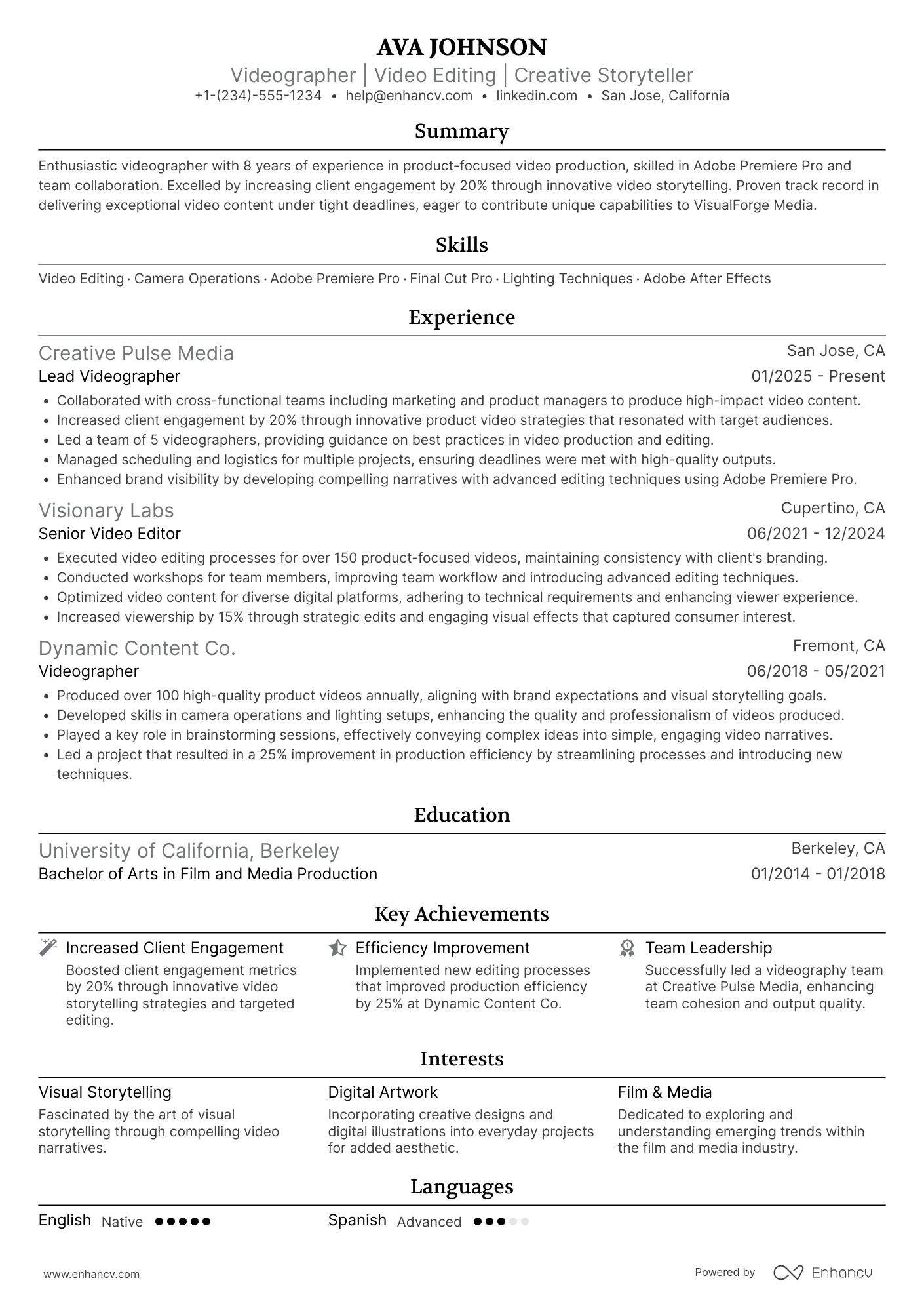 Product Videographer Resume Example