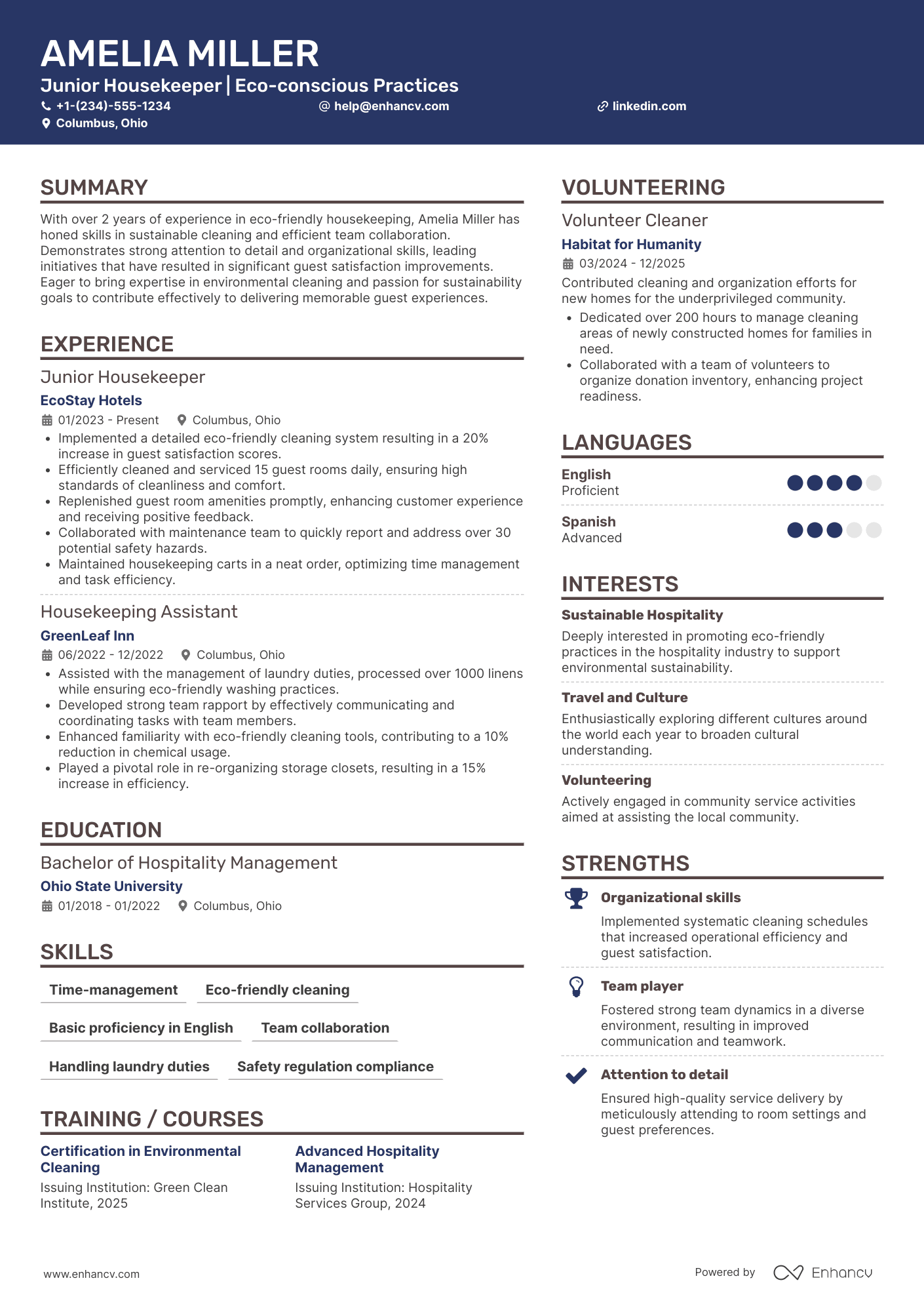 Junior Housekeeper Resume Example