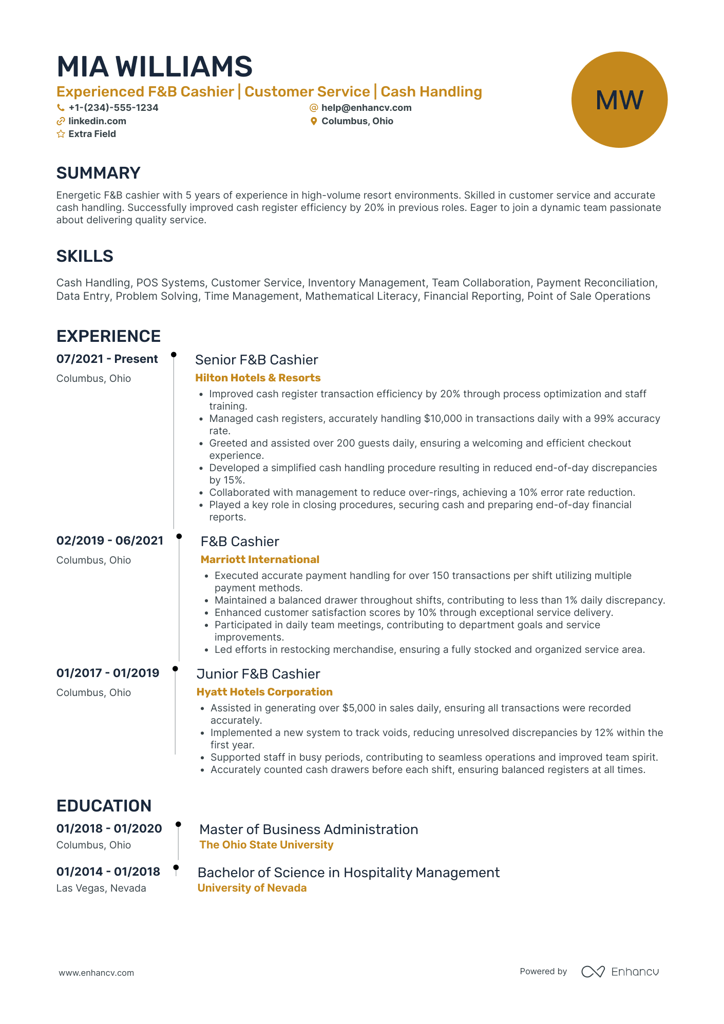 Fast Food Cashier Resume Example