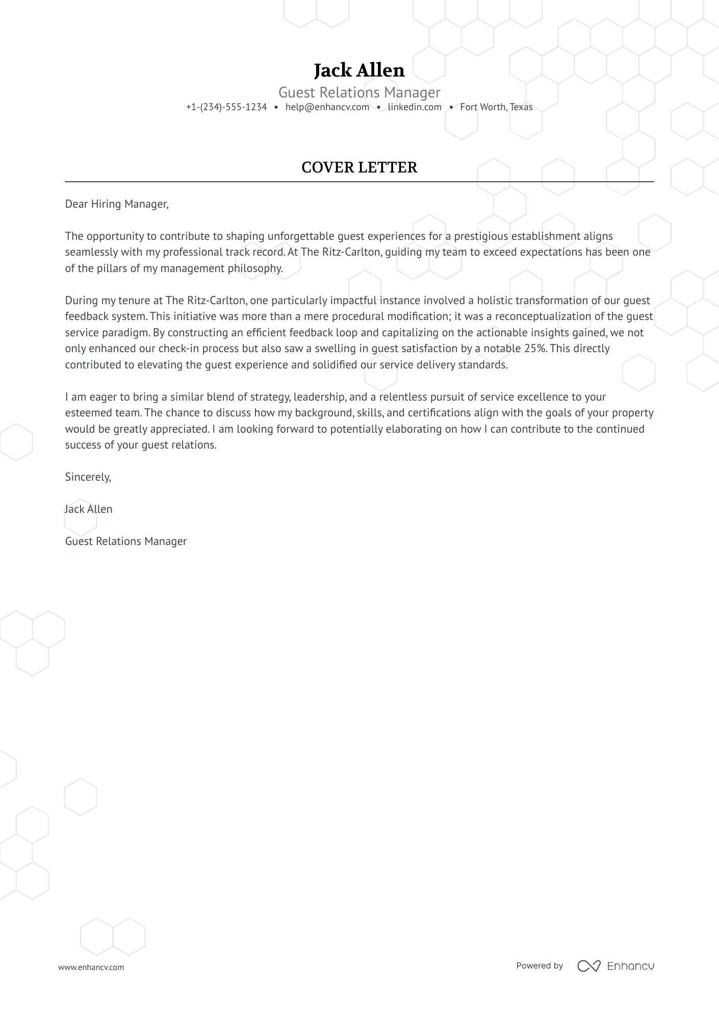 Guest Relations Manager Resume Example