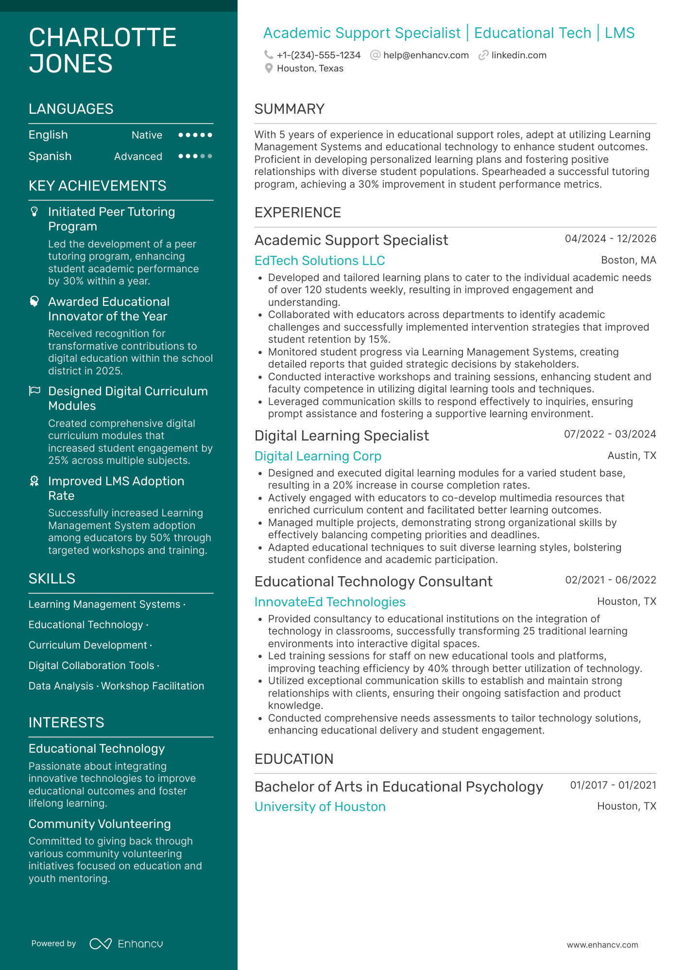 Academic Support Specialist Resume Example