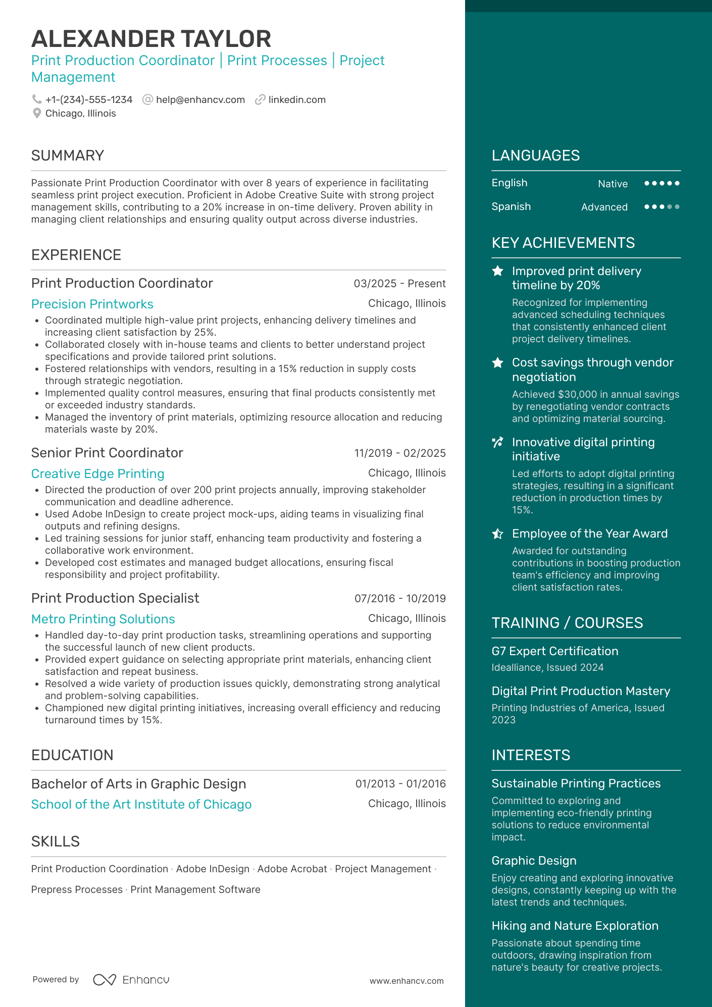 Print Production Coordinator Resume Example