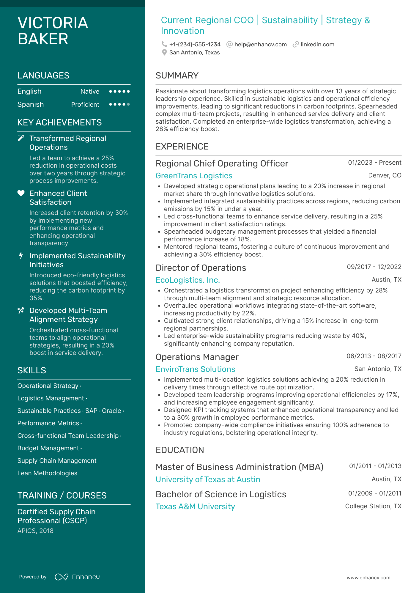 Regional Chief Operating Officer Resume Example