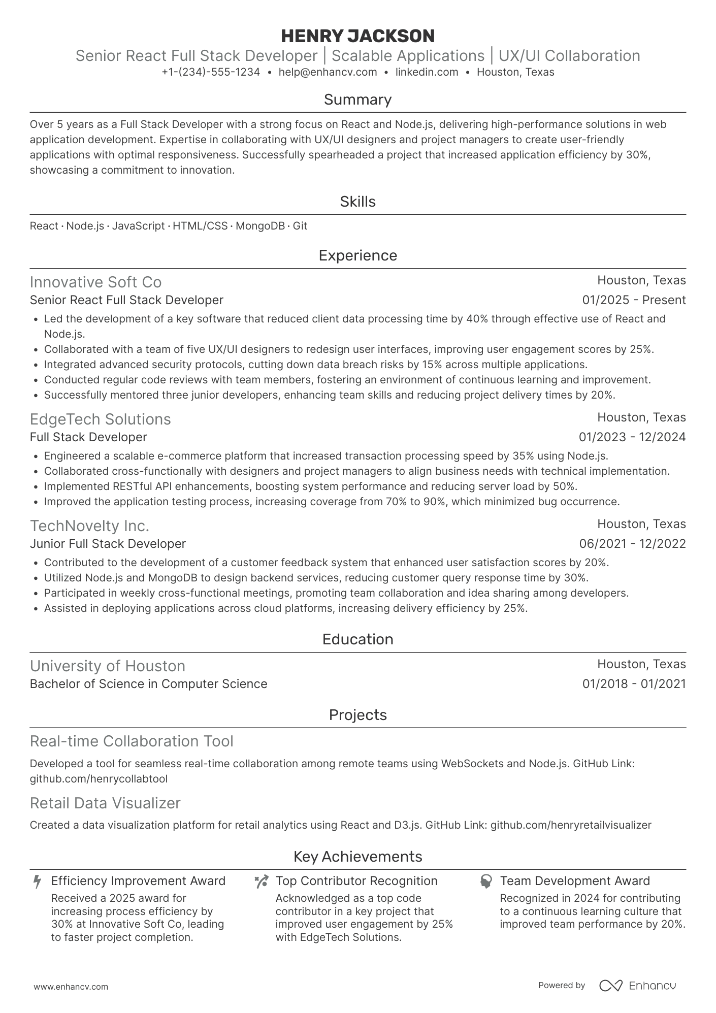 Senior React Full Stack Developer Resume Example