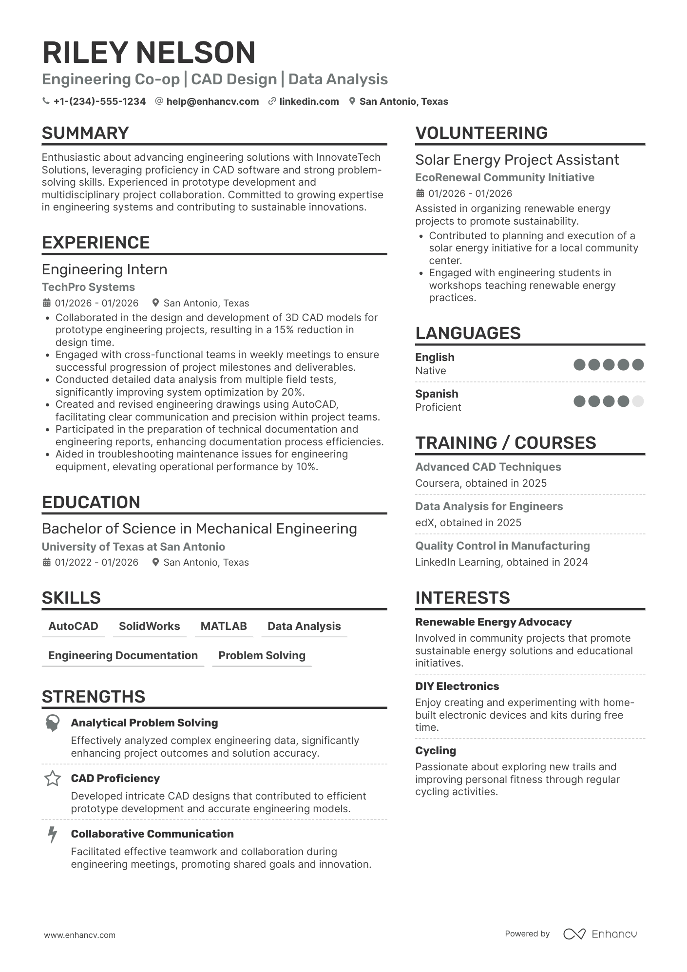 Engineering Student Co op Resume Example