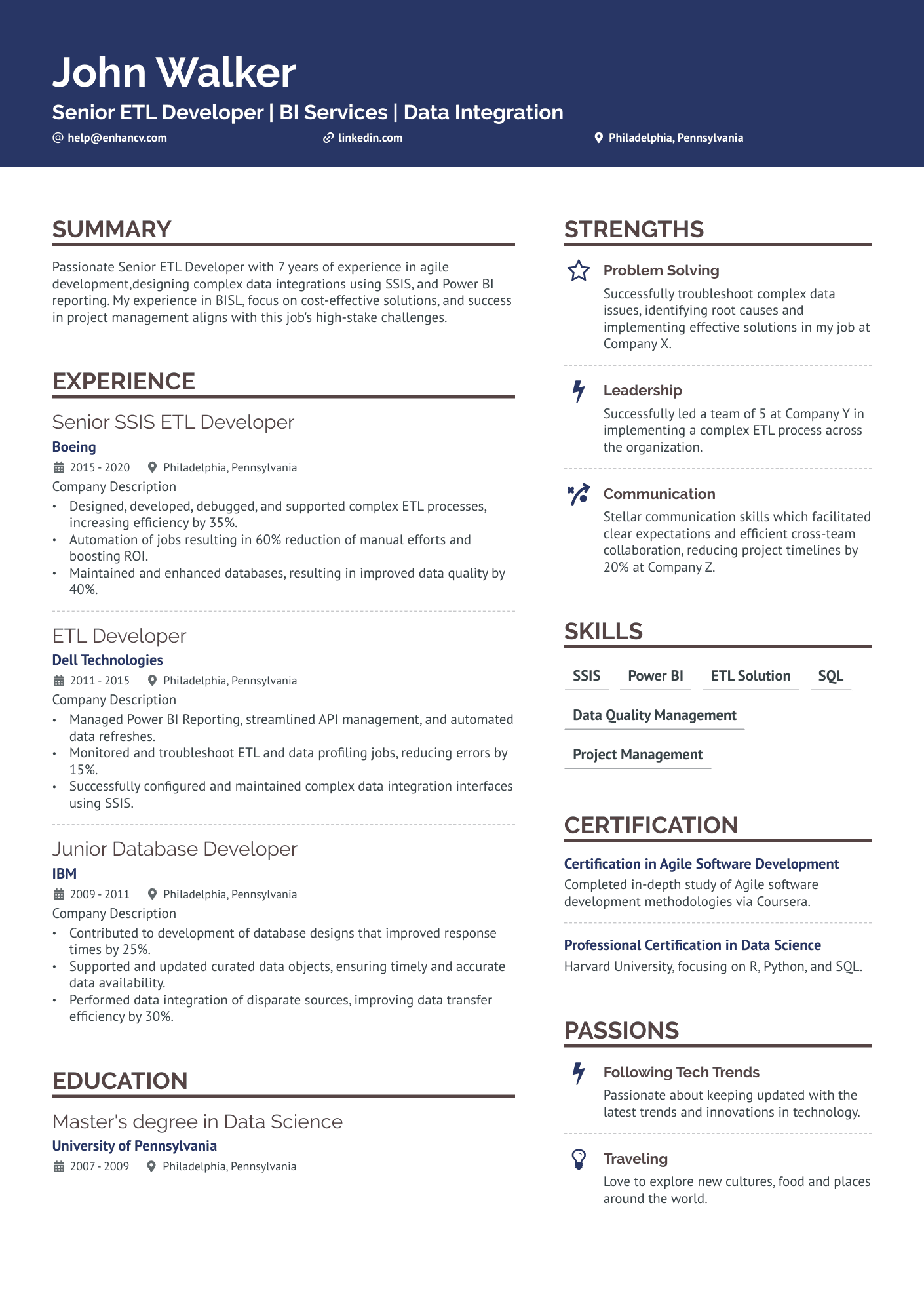 SSIS ETL Developer Resume Example