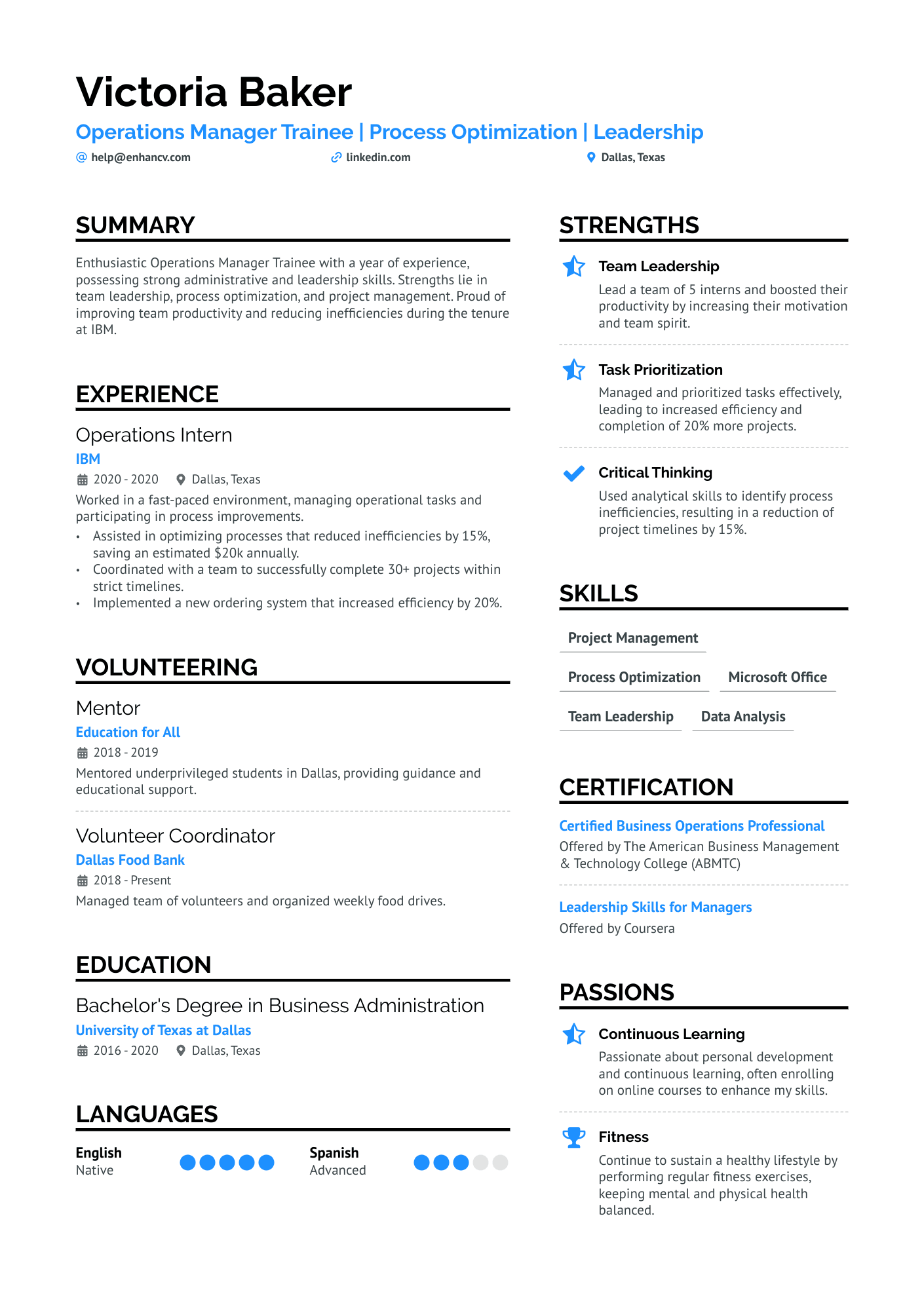 Operations Manager Trainee Resume Example