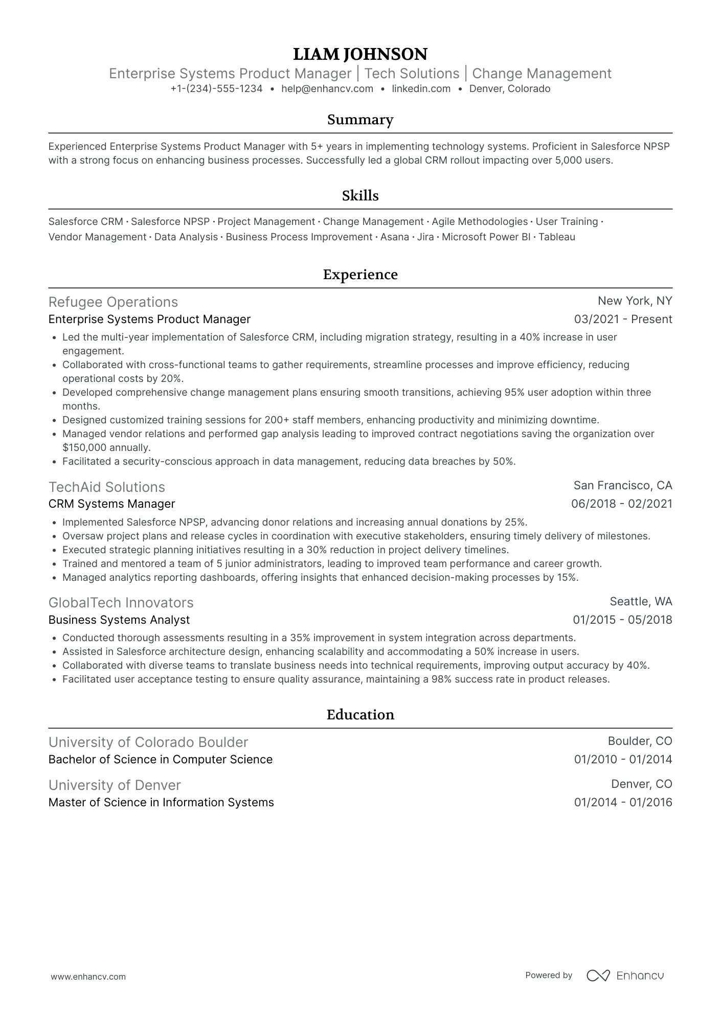Enterprise Product Manager Resume Example