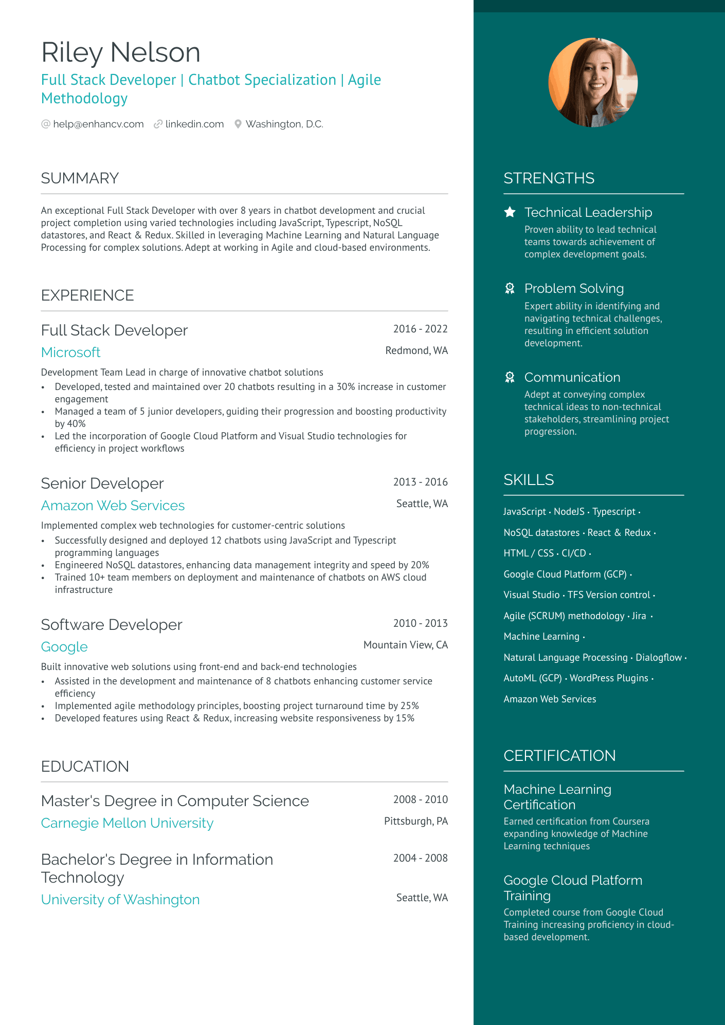Chatbot Full Stack Developer Resume Example