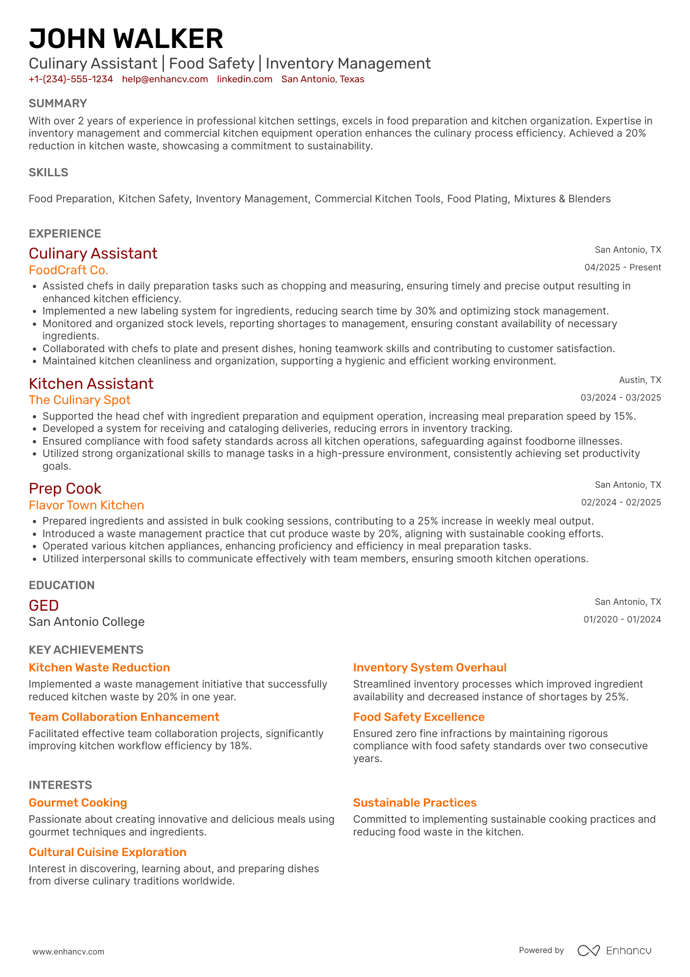 Culinary Assistant Resume Example