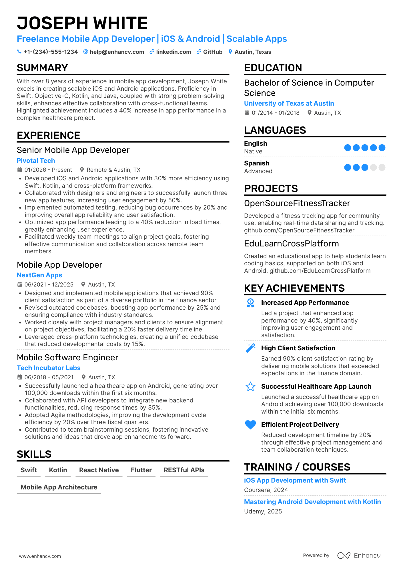 Freelance Mobile App Developer Resume Example