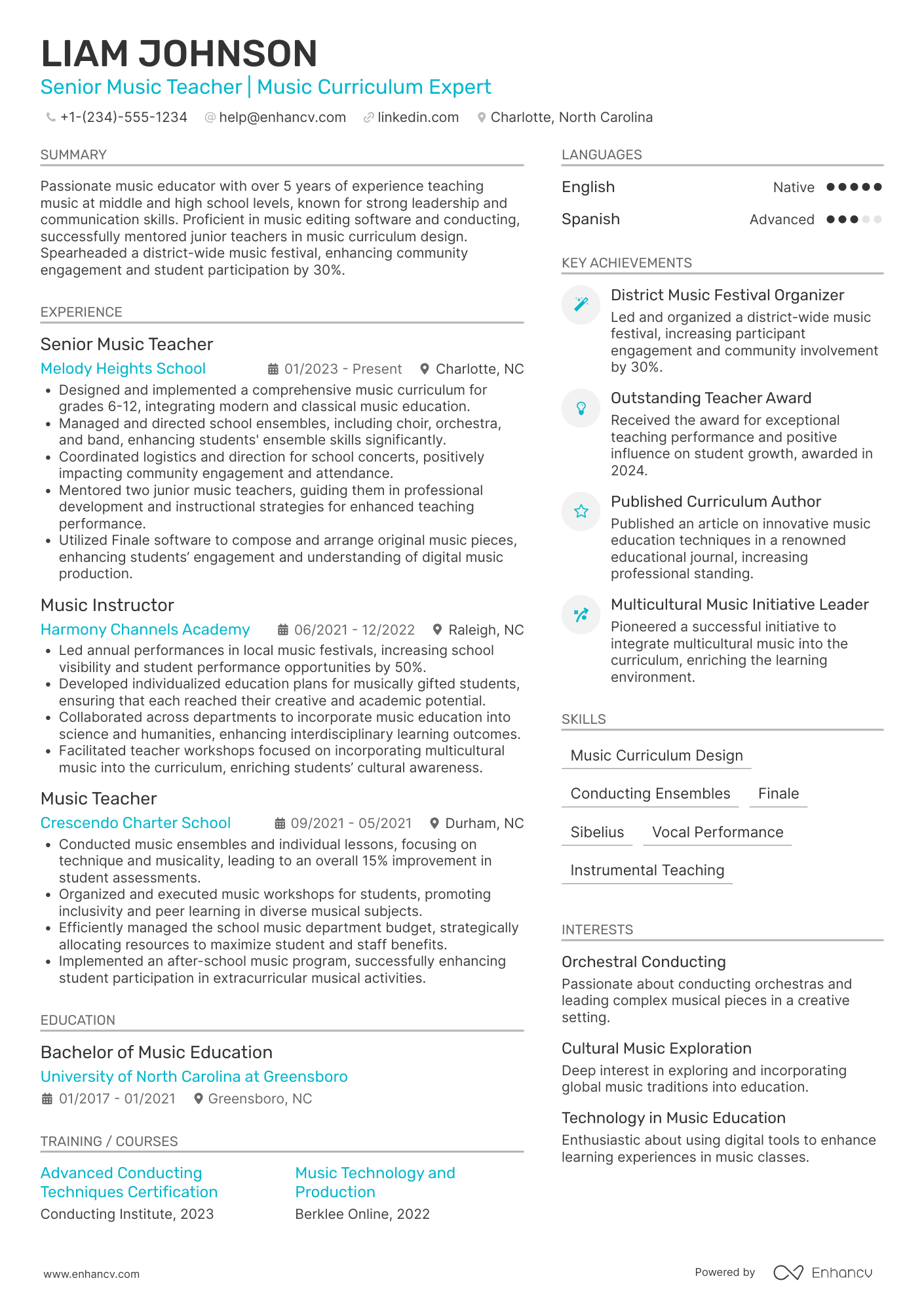 Senior Music Teacher Resume Example