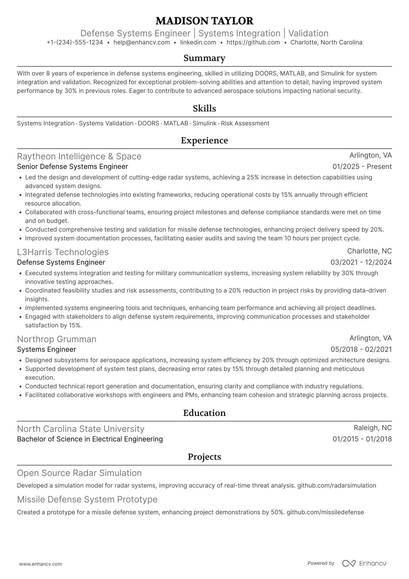 Defense Systems Engineer Resume Example
