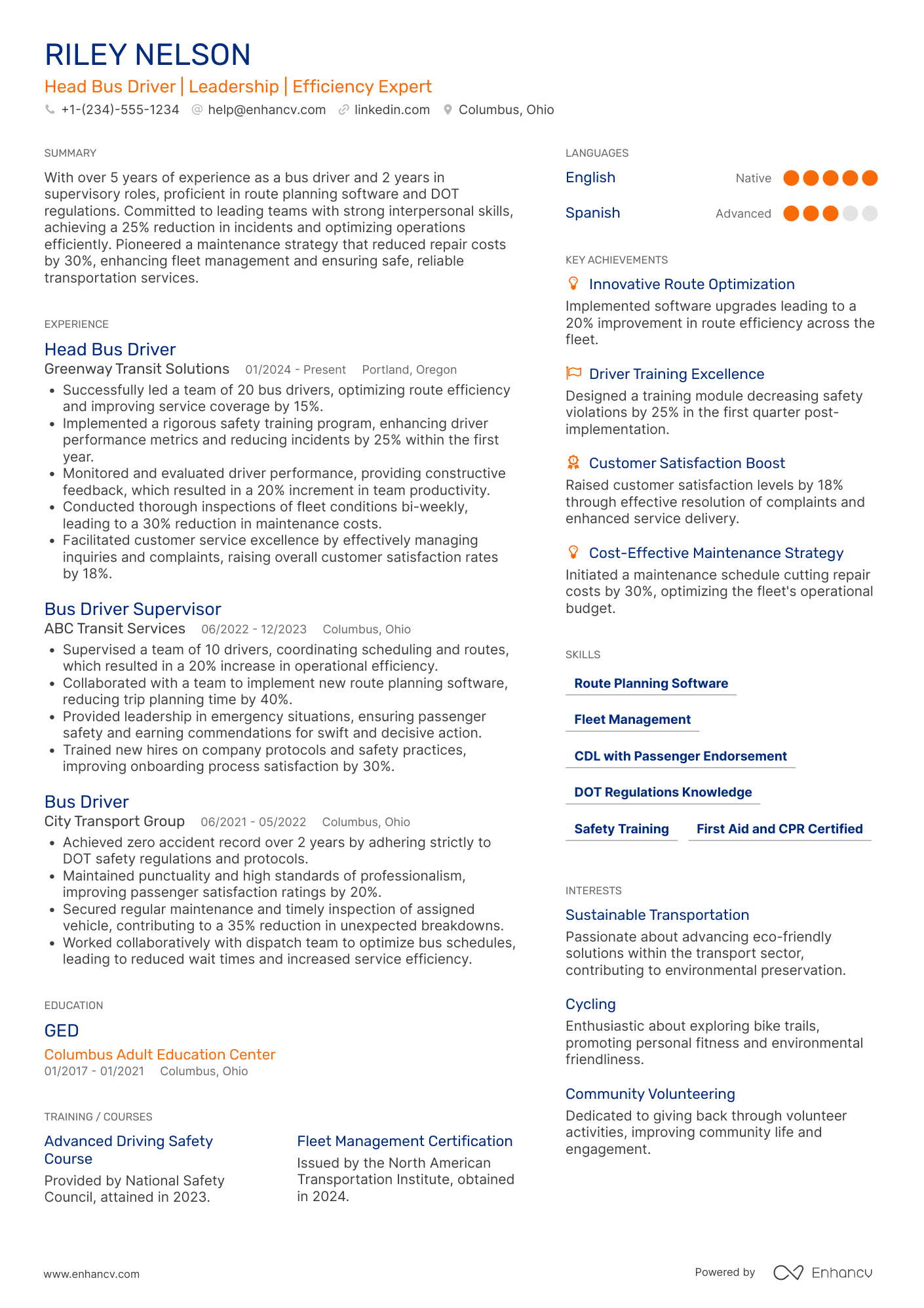 Head Bus Driver Resume Example
