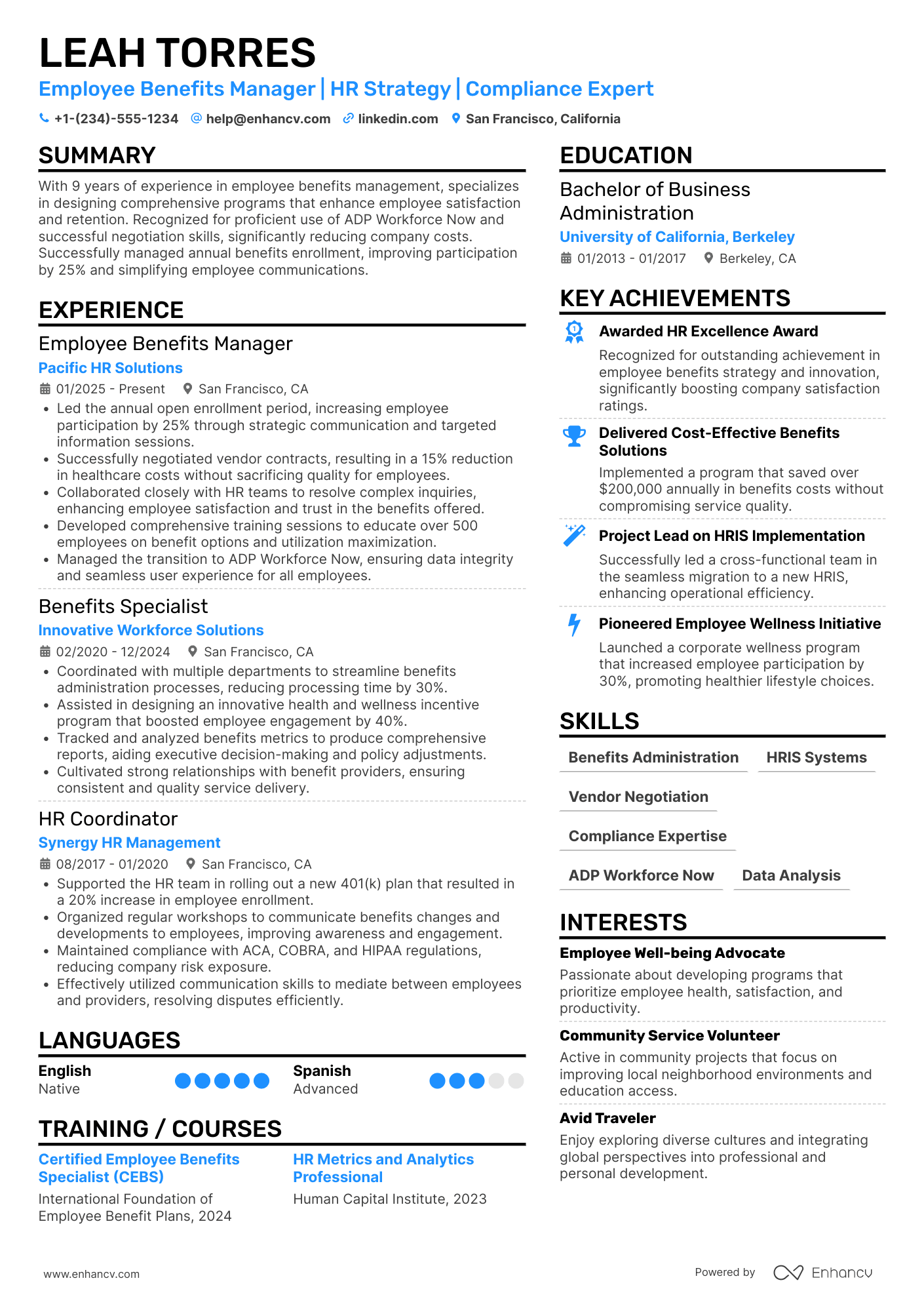 Employee Benefits Manager Resume Example
