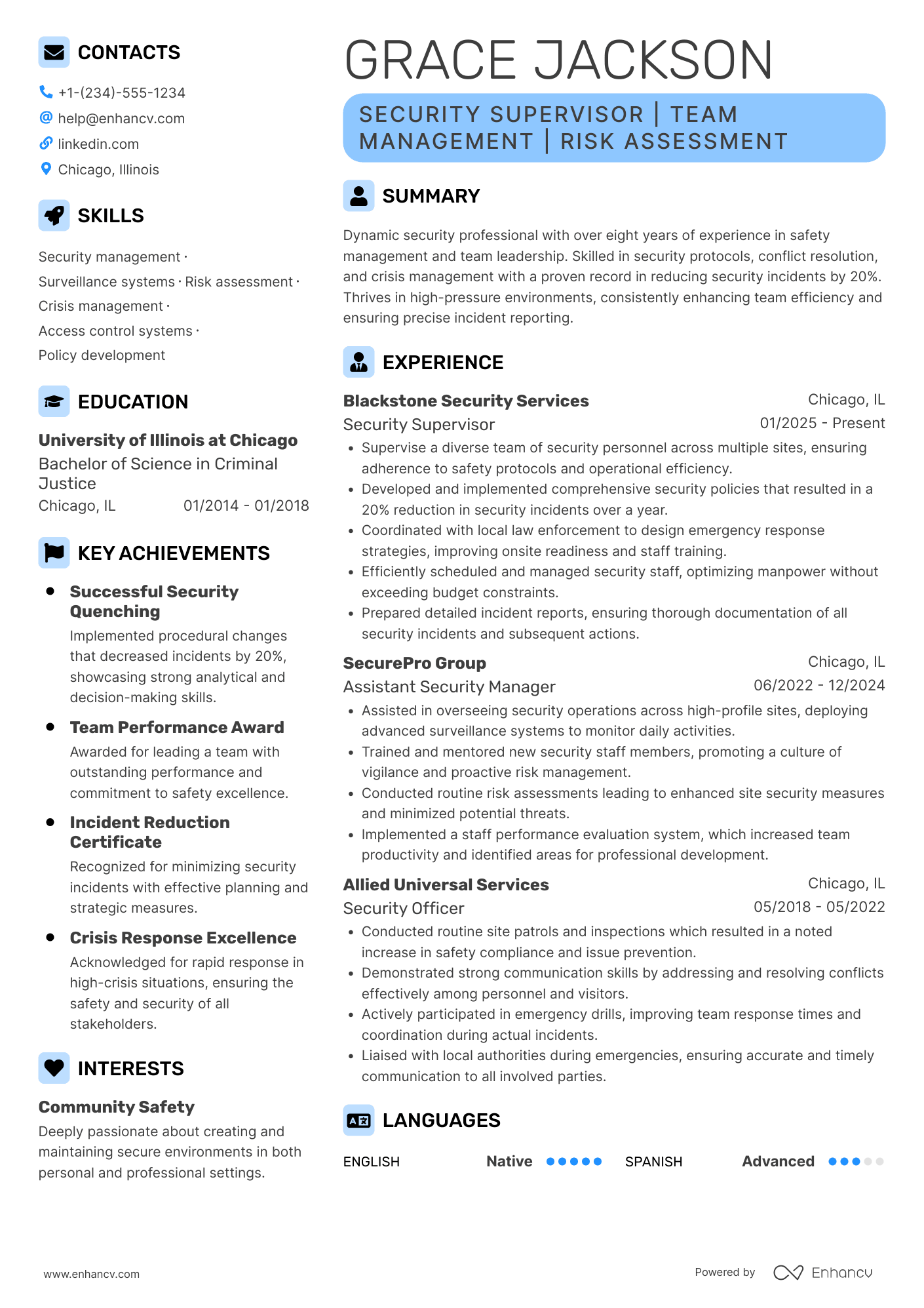 Security Supervisor Resume Example