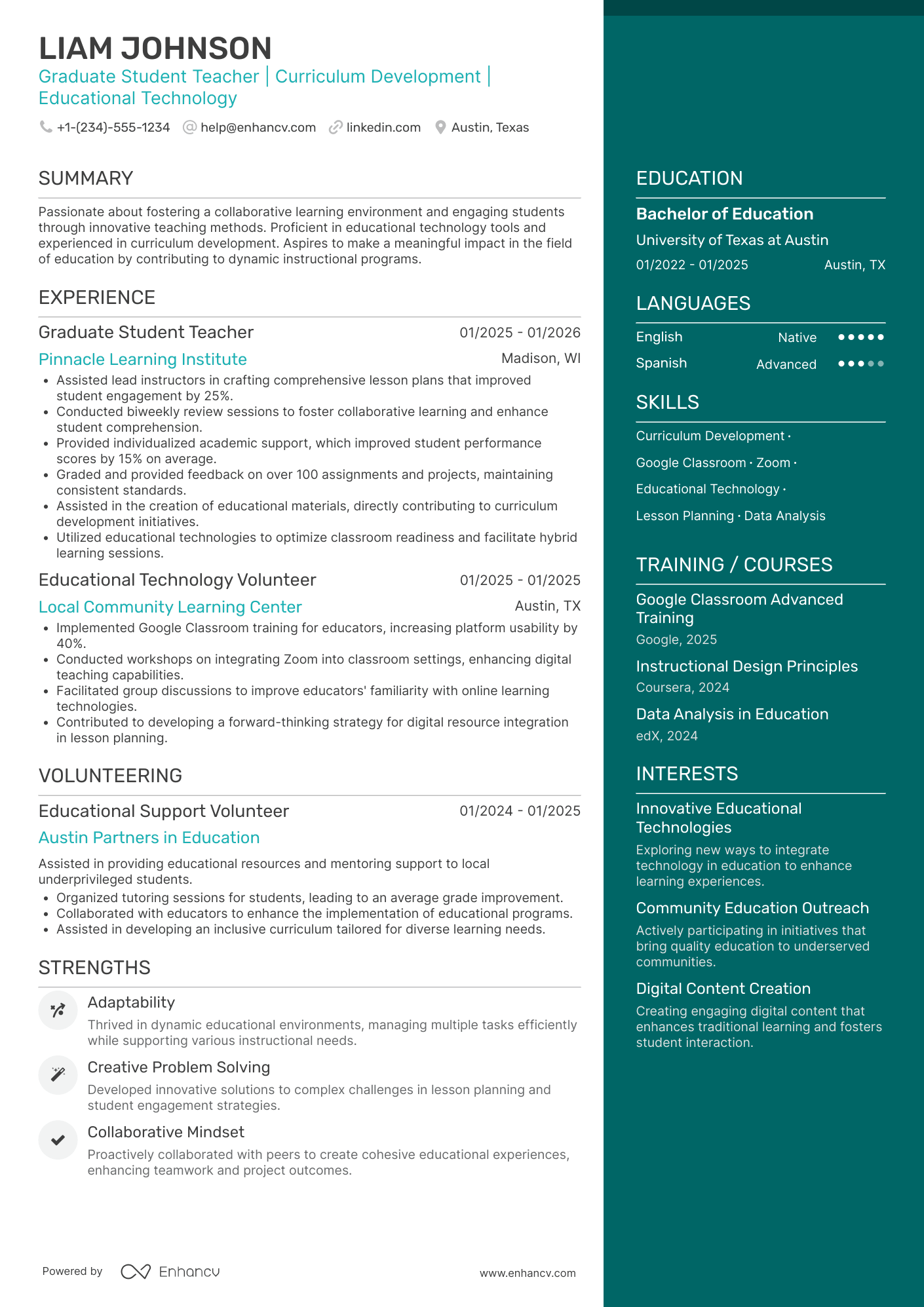 Graduate Student Teacher Resume Example