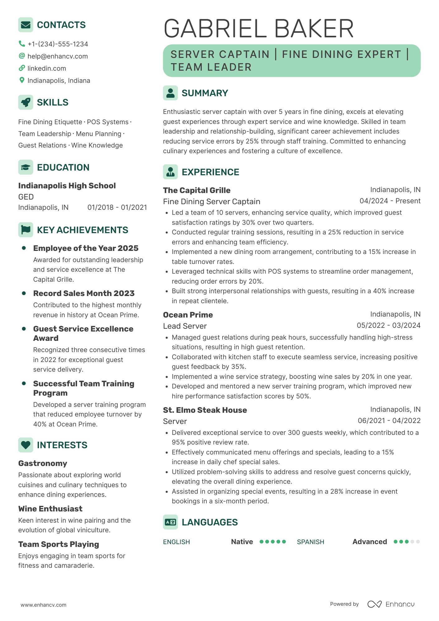 Fine Dining Server Captain Resume Example
