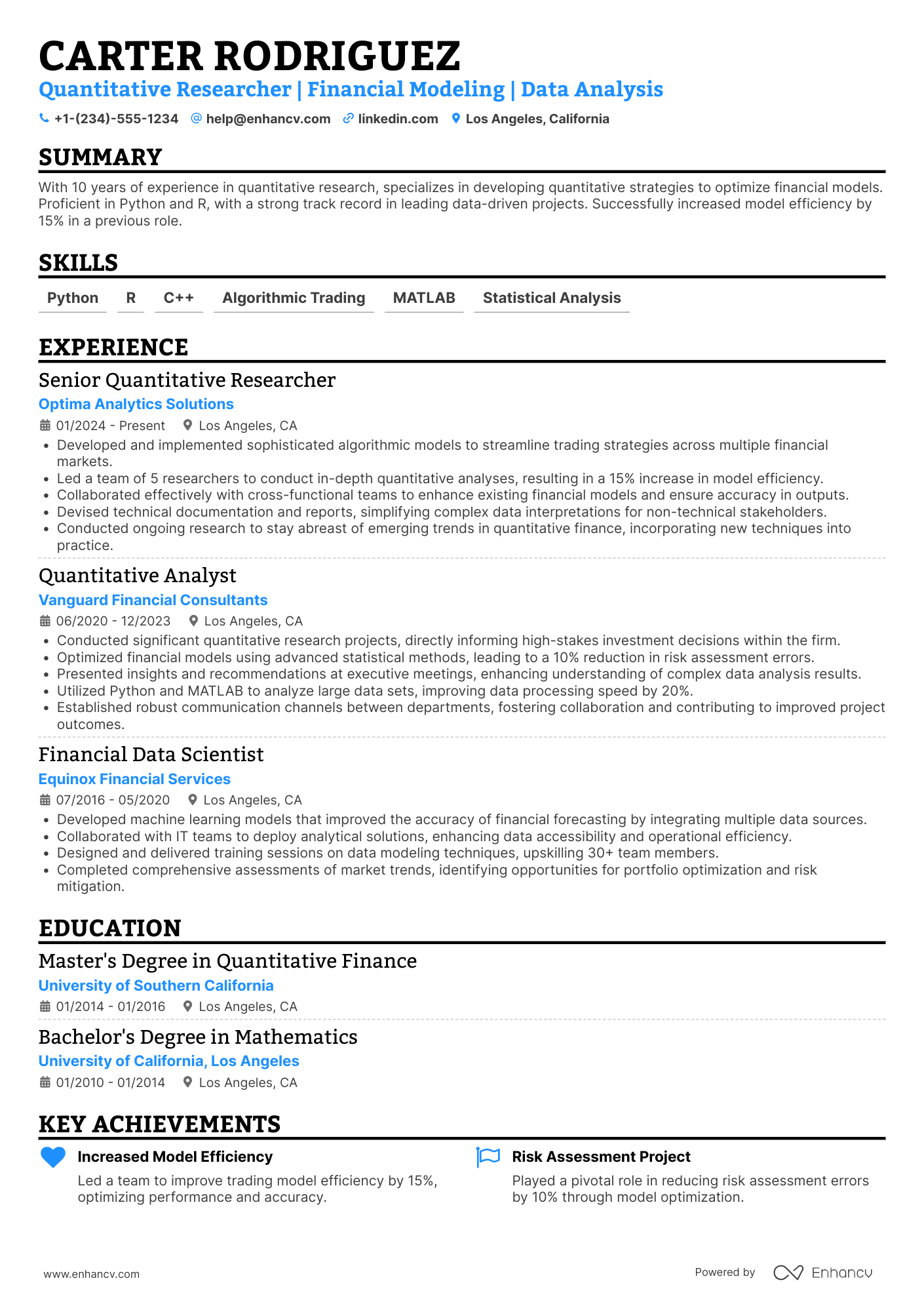Quantitative Researcher Resume Example