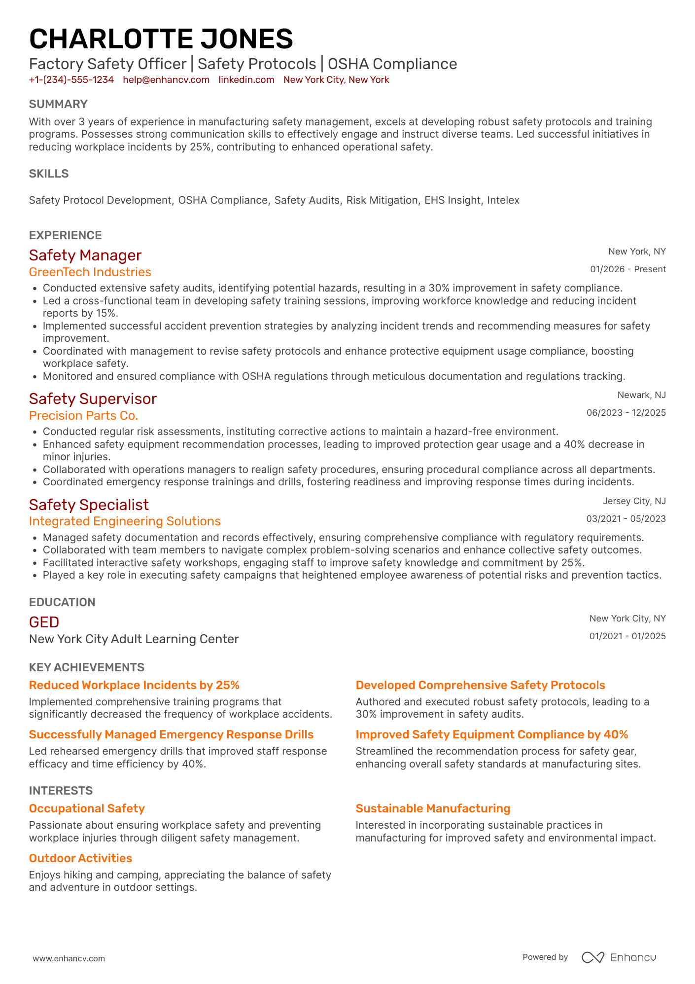 Factory Safety Officer Resume Example