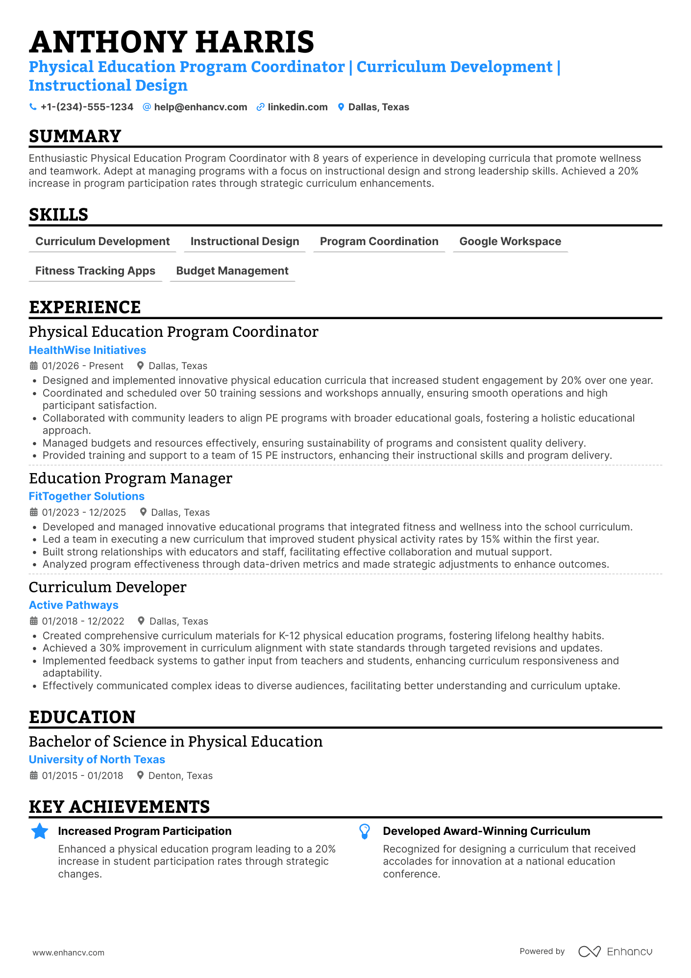 Physical Education Program Coordinator Resume Example
