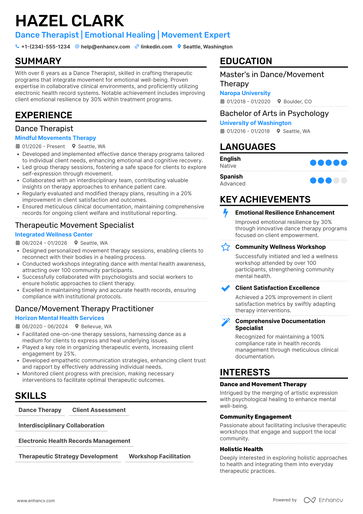 Dance Therapist Resume Example