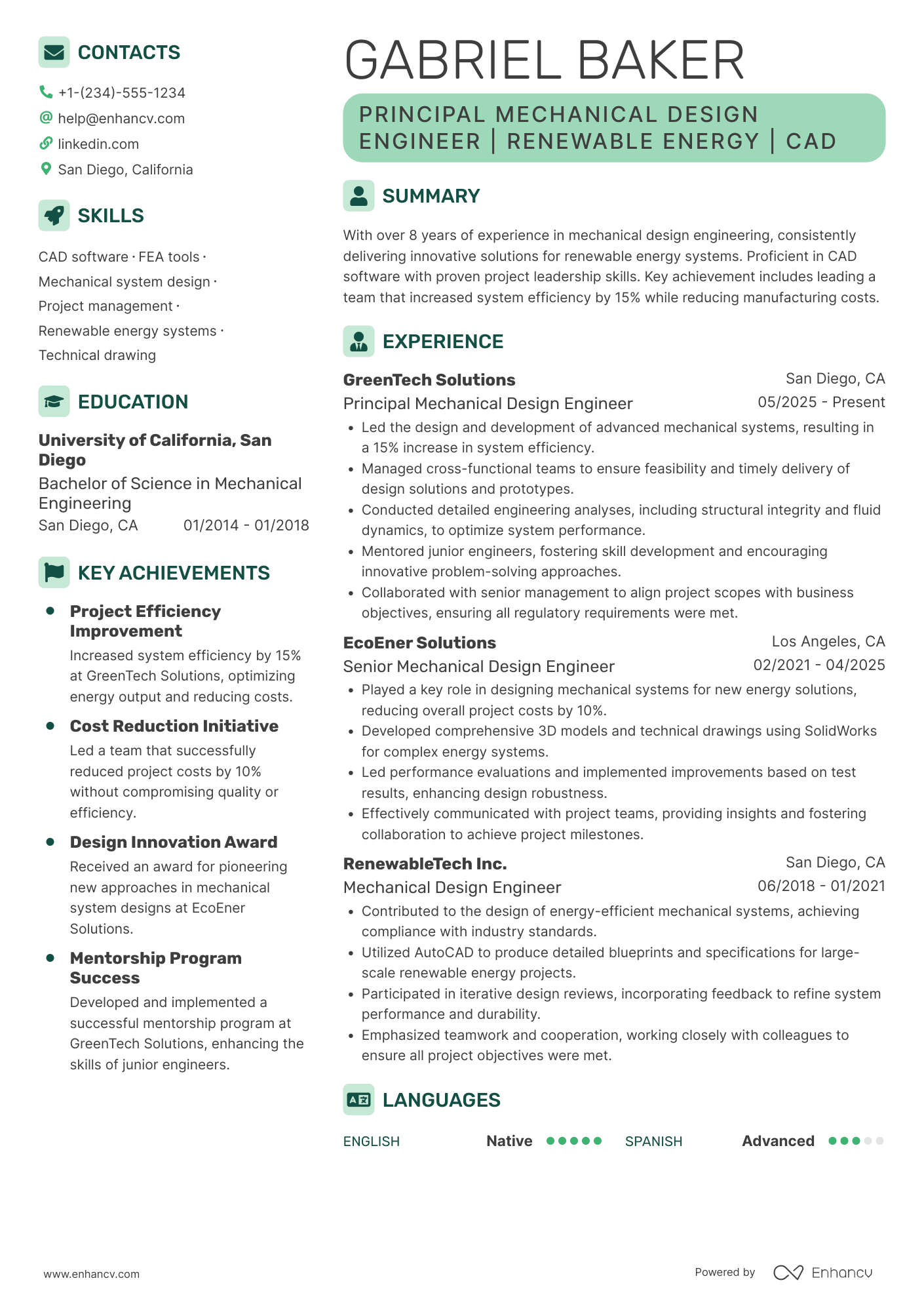 Principal Mechanical Design Engineer Resume Example