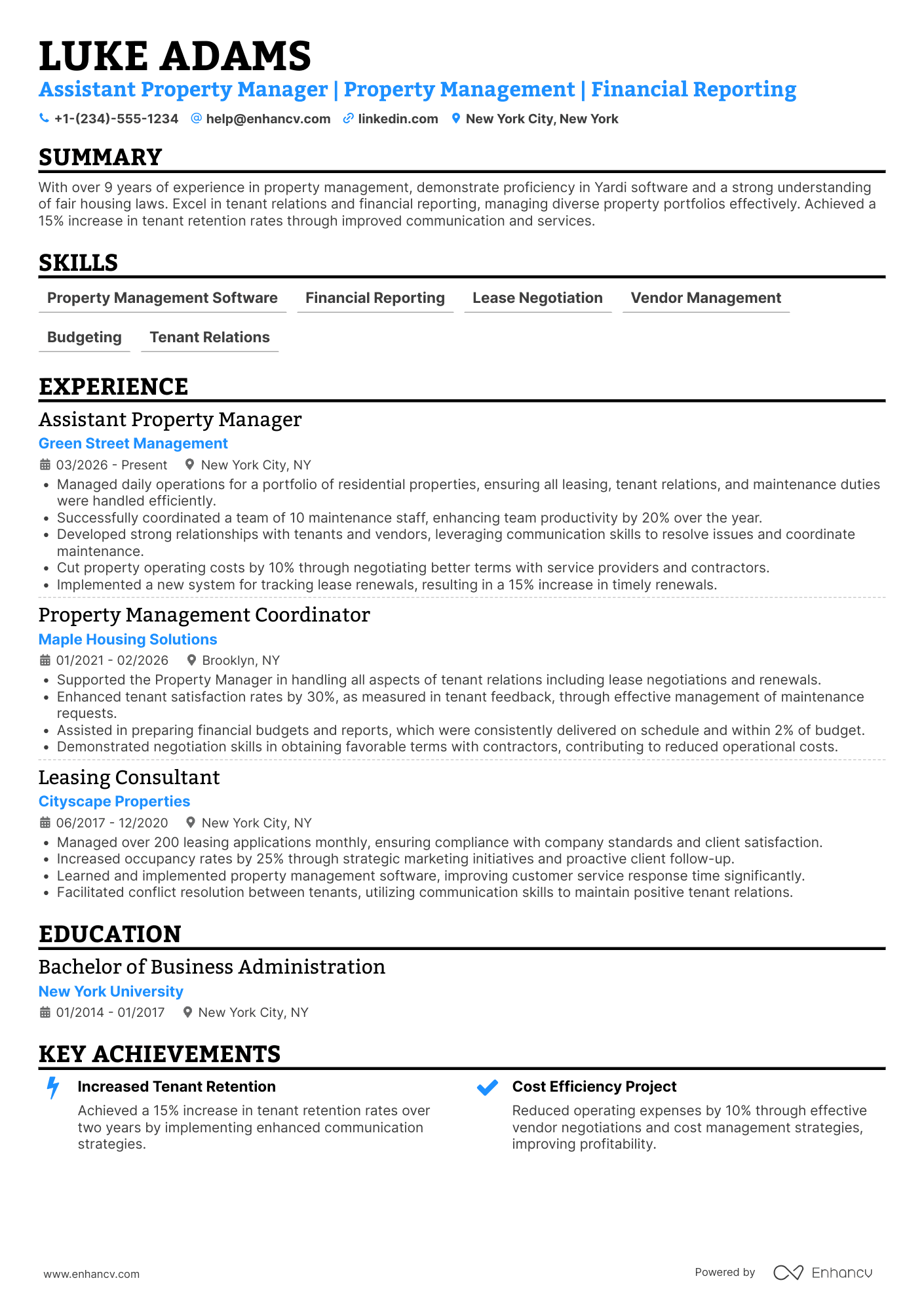 Assistant Property Manager Resume Example
