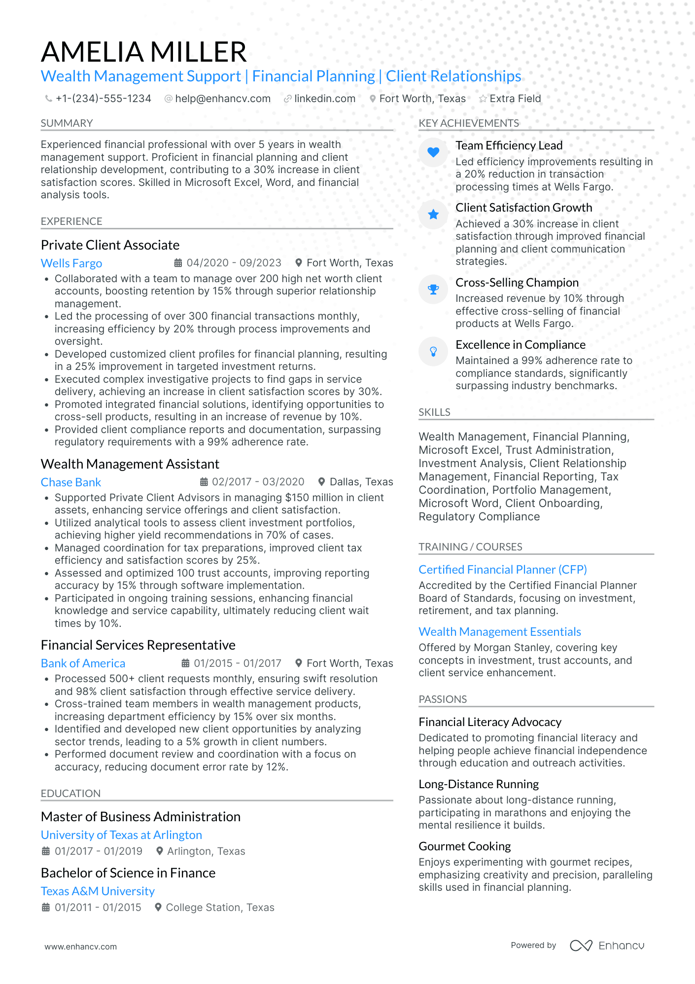 Private Client Financial Advisor Resume Example