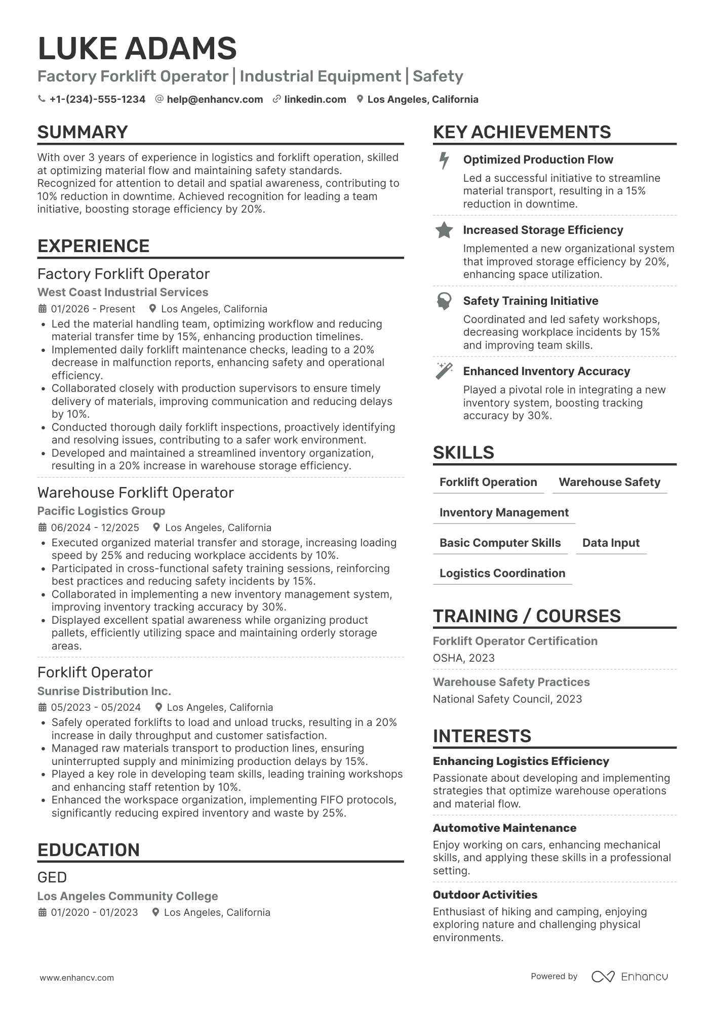 Factory Forklift Operator Resume Example