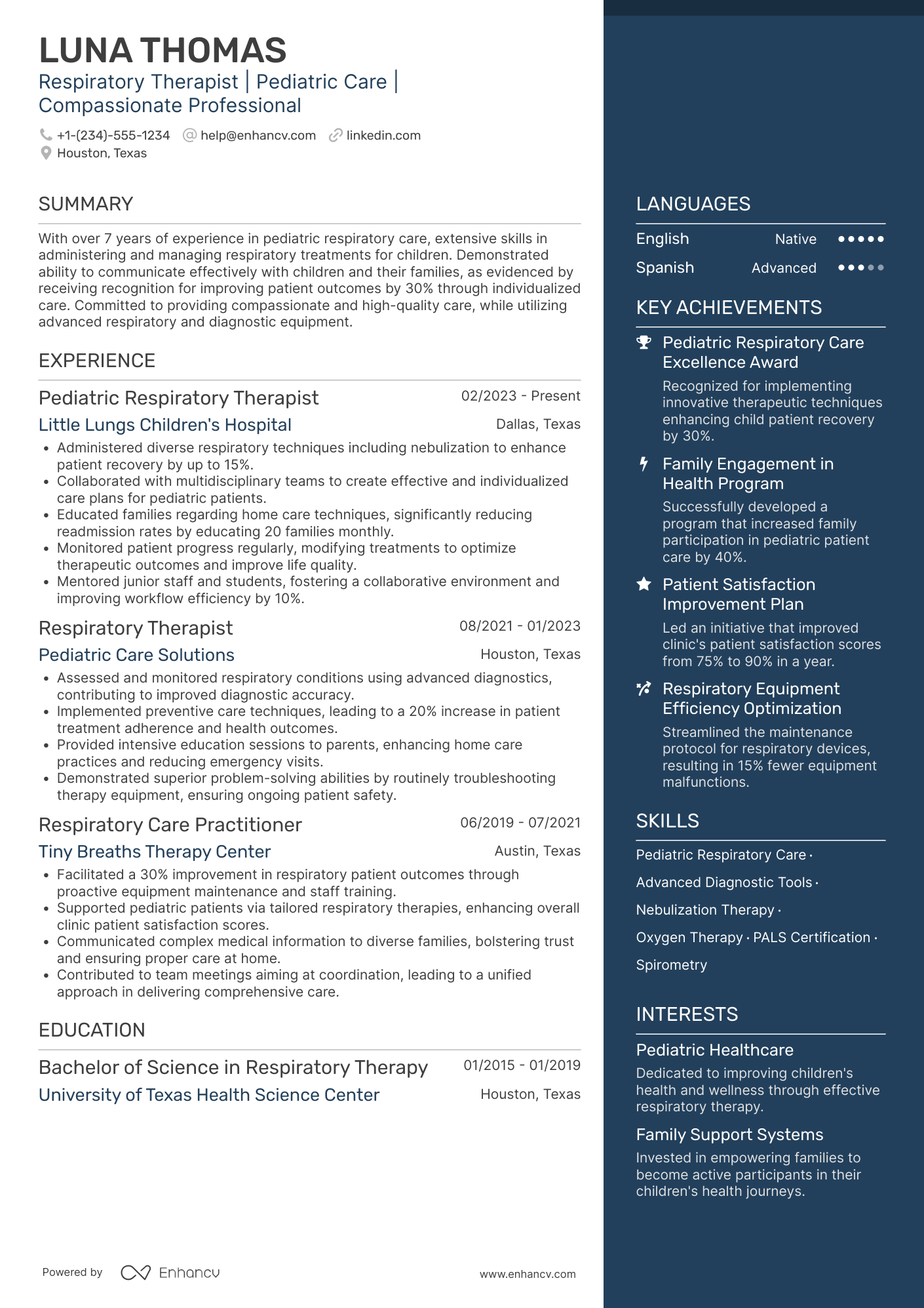 Pediatric Respiratory Therapist Resume Example