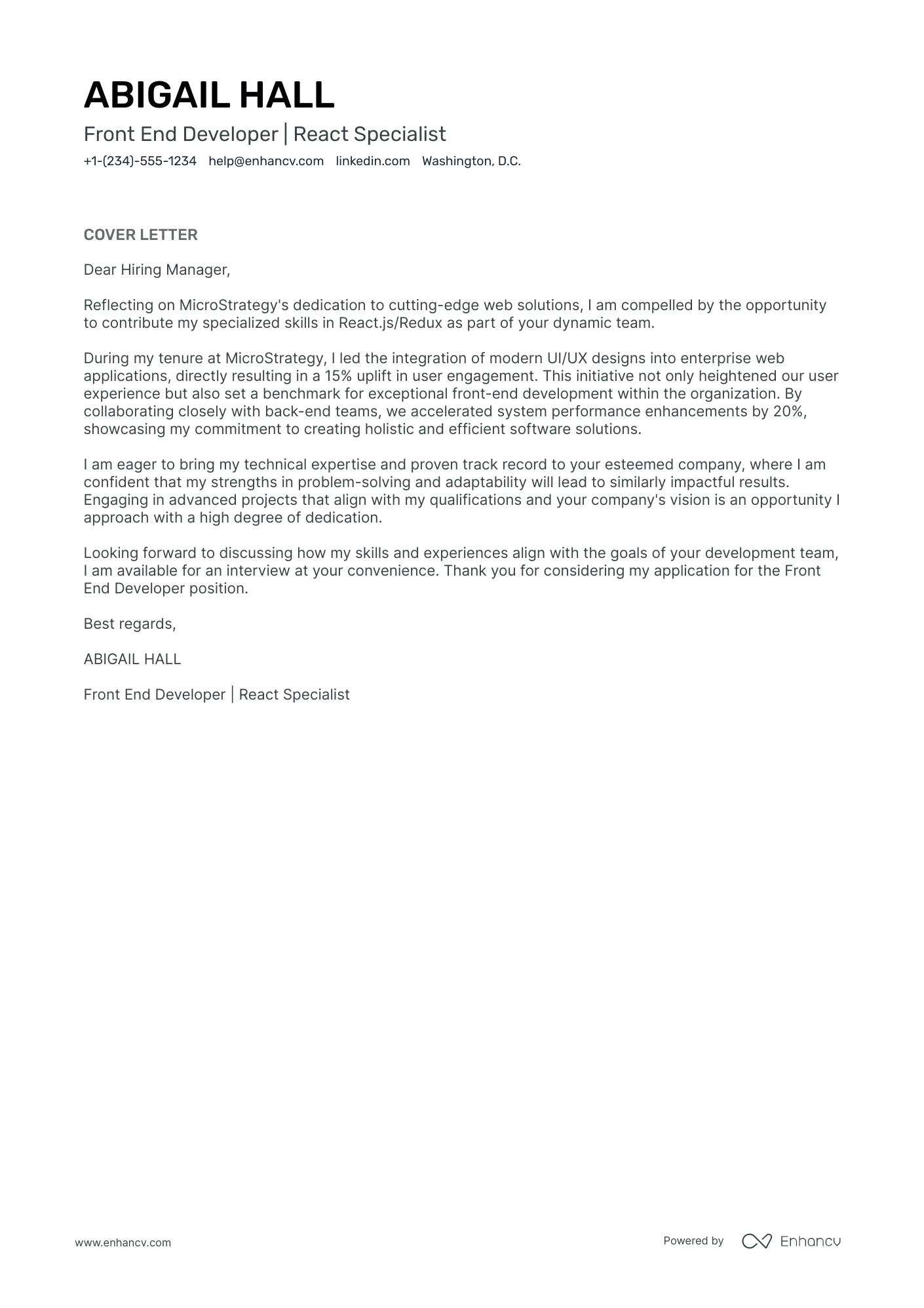Front End React Developer Resume Example